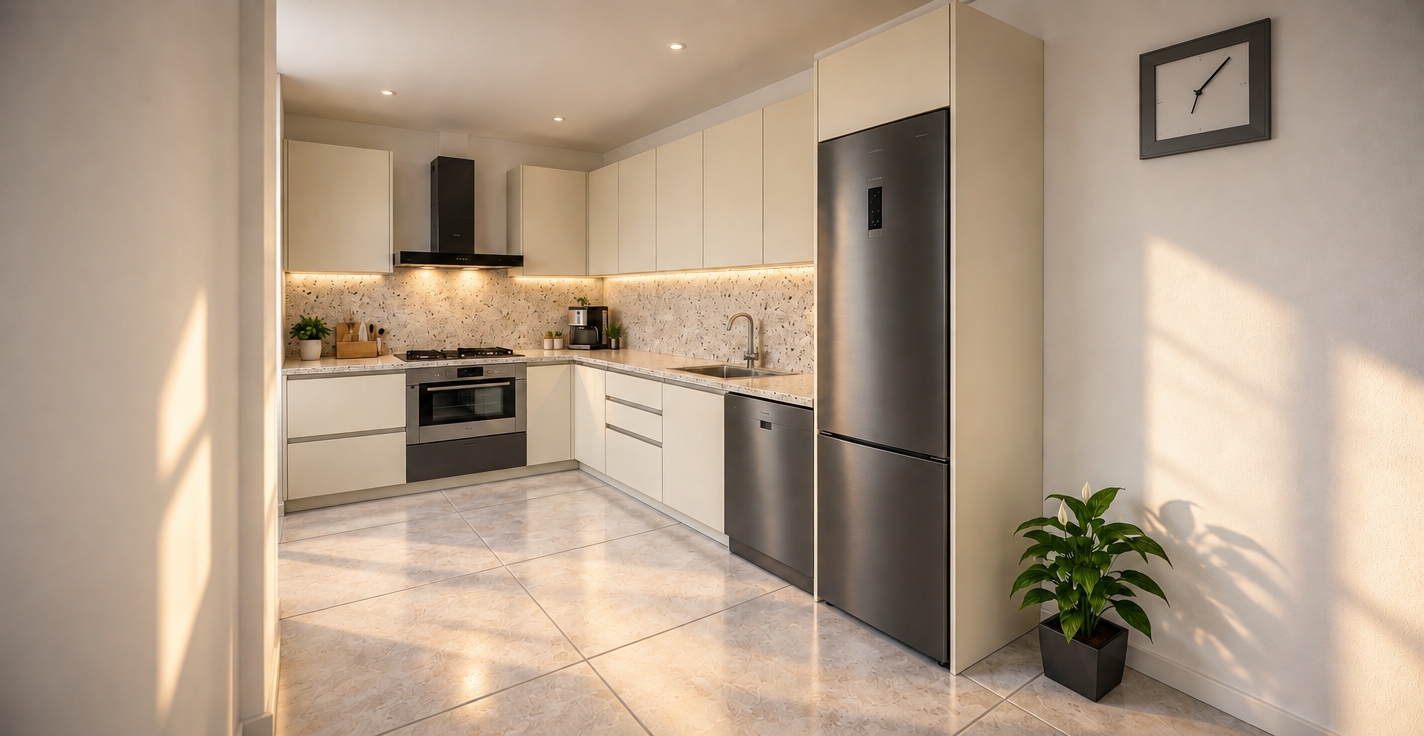 A high-end architectural photograph maintaining the exact kitchen layout, materials, and composition, captured with a 24mm tilt-shift lens. Soft natural morning sunlight grazes across the matte off-white cabinetry and light tile floor, casting gentle gradients and realistic ambient occlusion. Authentic material physics emphasize the fine tactile specks of the terrazzo backsplash, subtle brushed metallic sheen on the dark refrigerator and dishwasher, and delicate surface reflections along the polished floor. Balanced warm under-cabinet task lighting complements the natural daylight, finished with faint optical vignetting and fine sensor grain for true photographic authenticity.