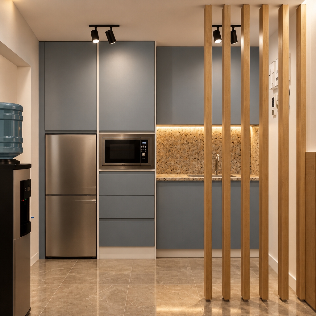 An incredibly lifelike, richly detailed, photorealistic interior shot of a modern minimalist kitchen set in a contemporary apartment. The scene is illuminated by warm under-cabinet LED strips and crisp, directional black track lighting, creating a cozy and functional atmosphere. Captured with a 35mm lens, emphasizing the smooth matte finish of the dusty-blue cabinetry contrasted against the tactile, speckled texture of the granite backsplash and the vertical rhythm of the light oak timber slats.

This modern fusion design balances clinical precision with organic warmth. The composition is anchored by a floor-to-ceiling cabinetry unit, seamlessly integrating a stainless steel refrigerator and built-in microwave, while a series of vertical wooden battens acts as a semi-transparent screen, adding depth and architectural interest to the space. The soft, neutral color palette—composed of muted blues, earthy stone, and warm wood tones—creates a sense of calm sophistication. Large-format porcelain floor tiles reflect the gentle glow of the lighting, enhancing the feeling of a high-end, human-scaled living environment that prioritizes both aesthetic harmony and ergonomic utility.