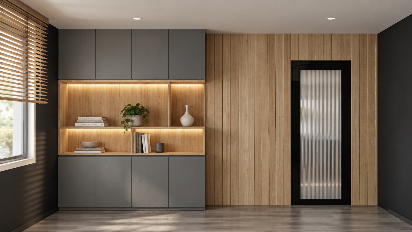 An architectural interior photograph shot with a sharp 35mm lens, perfectly preserving the exact composition, perspective, and structure of the room. The floor is rendered with authentic grey wood grain planks displaying realistic matte surface reflections. The built-in wooden display niche, illuminated by warm 3000K integrated LED strip lighting, is styled with minimal decorative props such as ceramic vessels and neatly placed books alongside the existing white vase. Soft ambient daylight filters through the wooden window blinds, naturally balancing the warm shelf glow across the matte grey cabinets and vertical light-oak slat wall. The fluted glass door features subtle realistic highlights, grounded by natural photographic textures, gentle lens falloff, and clean architectural lighting.
