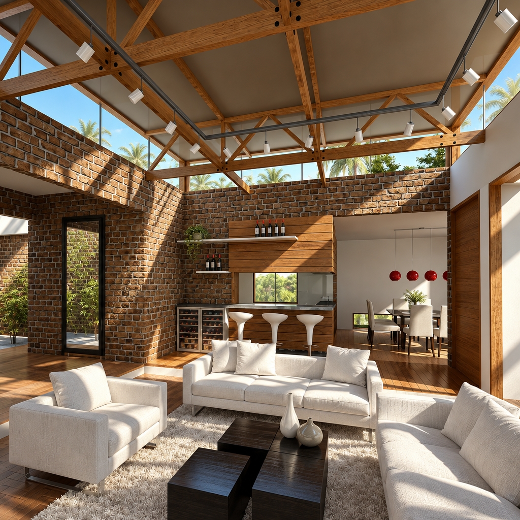 An architectural photograph of the exact scene illuminated by intense, direct summer midday sunlight streaming through the clerestory windows. The high-angle sun casts sharp, defined shadows across the authentic, textured exposed brick walls and the warm, fibrous wood grain of the structural timber trusses. The white fabric of the contemporary sofas displays subtle micro-wrinkles and realistic weave, contrasted by the soft, plush texture of the light area rug and clean reflections on the dark geometric coffee tables. Shot on a wide-angle lens with natural dynamic range, the image balances bright exterior daylight revealing lush greenery with deep interior shadows, finished with faint optical grain and realistic material physics.