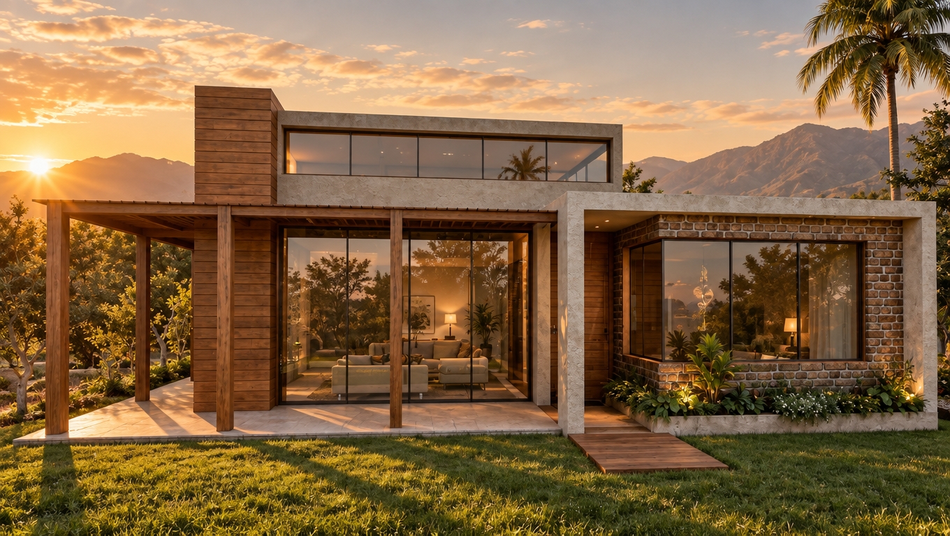 A photorealistic architectural photograph capturing the modern home during a warm spring sunset, maintaining the exact perspective, layout, and structure. Low-angled golden sunlight casts elongated, soft-edged shadows across the vibrant green lawn and patio, accentuating the organic grain on the wooden pergola, the rough tactile finish of the stucco, and the textured mortar of the exposed brick wall. Large glass windows display realistic reflections of the surrounding greenery alongside faint, warm interior light. The background mountains and sky are enveloped in a gentle golden-hour atmospheric haze. Captured with a sharp 35mm architectural lens, featuring balanced dynamic range, natural lens flare, and subtle photographic grain.
