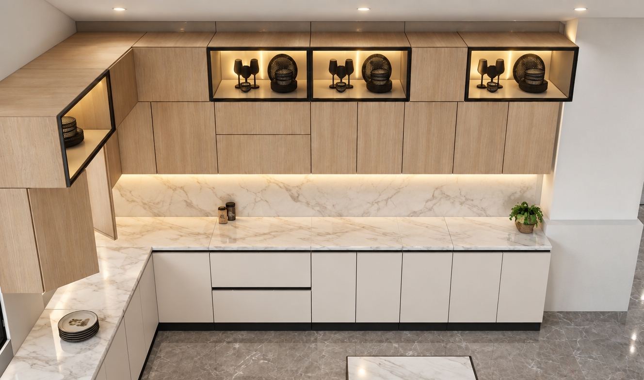 An architectural interior photograph of the kitchen from the exact elevated perspective, featuring a clean finished white ceiling overhead with soft diffuse recessed lighting. The upper cabinets display authentic light oak wood grain, integrated with black-framed display cubbies illuminated by warm interior accent lights that highlight the glassware and ceramic tableware within. Polished white marble countertops show realistic grey veining and delicate surface reflections, complementing the smooth matte off-white finish of the lower cabinetry and the polished grey stone flooring below. Rendered with natural contact shadows, rich micro-textures, subtle highlights on glass and polished stone, and clean, realistic ambient light.