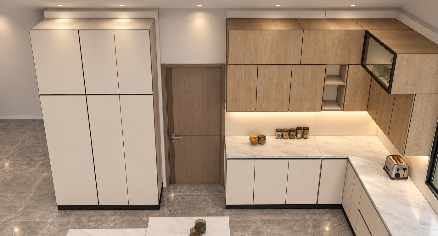 A clean architectural photograph capturing the exact kitchen layout and high-angle perspective, enclosed by a smooth, finished white ceiling with soft recessed spotlights. The cabinetry features realistic matte cream laminate on the tall units and base cupboards, contrasted by natural light oak wood grain on the upper wall units, keeping the open display compartments completely plant-free. Realistic polished white marble with delicate grey veining covers the countertops, while large-format polished grey marble tiles reflect ambient light across the floor. Warm under-cabinet task lighting casts gentle highlights over small countertop appliances and jars, complemented by balanced, neutral interior illumination that introduces subtle contact shadows, soft ambient occlusion, and natural lens clarity throughout the space.