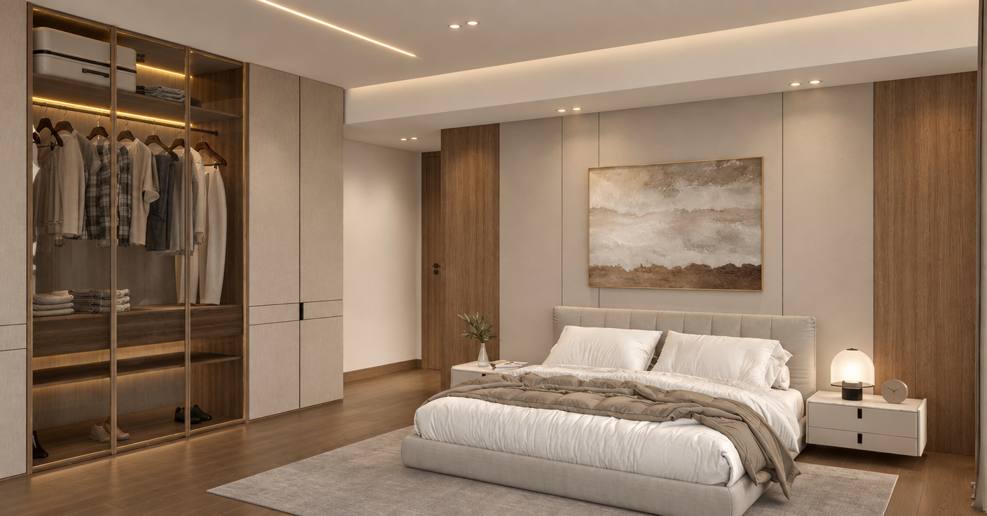 An incredibly lifelike, richly detailed, photorealistic interior shot of a minimalist master bedroom set in a contemporary high-end residence. The scene is illuminated by soft, diffused recessed ceiling lights and warm ambient LED strips within the wardrobe, creating a serene, Zen-inspired atmosphere. Captured with a 35mm wide-angle lens, emphasizing the crisp textures of light oak cabinetry, plush white linens, and the smooth matte finish of the wall panels.

The composition centers on a streamlined, low-profile upholstered bed layered with high-thread-count white bedding and a neutral taupe throw, grounded by a soft gray area rug. To the left, an expansive floor-to-ceiling wardrobe features sleek glass-fronted doors with elegant dark wood framing, housing a meticulously organized closet. The walls are adorned with subtle paneling that frames a large, earthy abstract painting, serving as the room's sole focal point. Flanking the bed, minimalist nightstands hold refined, contemporary lamps and a single delicate indoor plant, reinforcing the clutter-free, functional aesthetic. Every element, from the clean architectural lines to the monochromatic color palette, exudes a sense of quiet luxury and peaceful retreat.