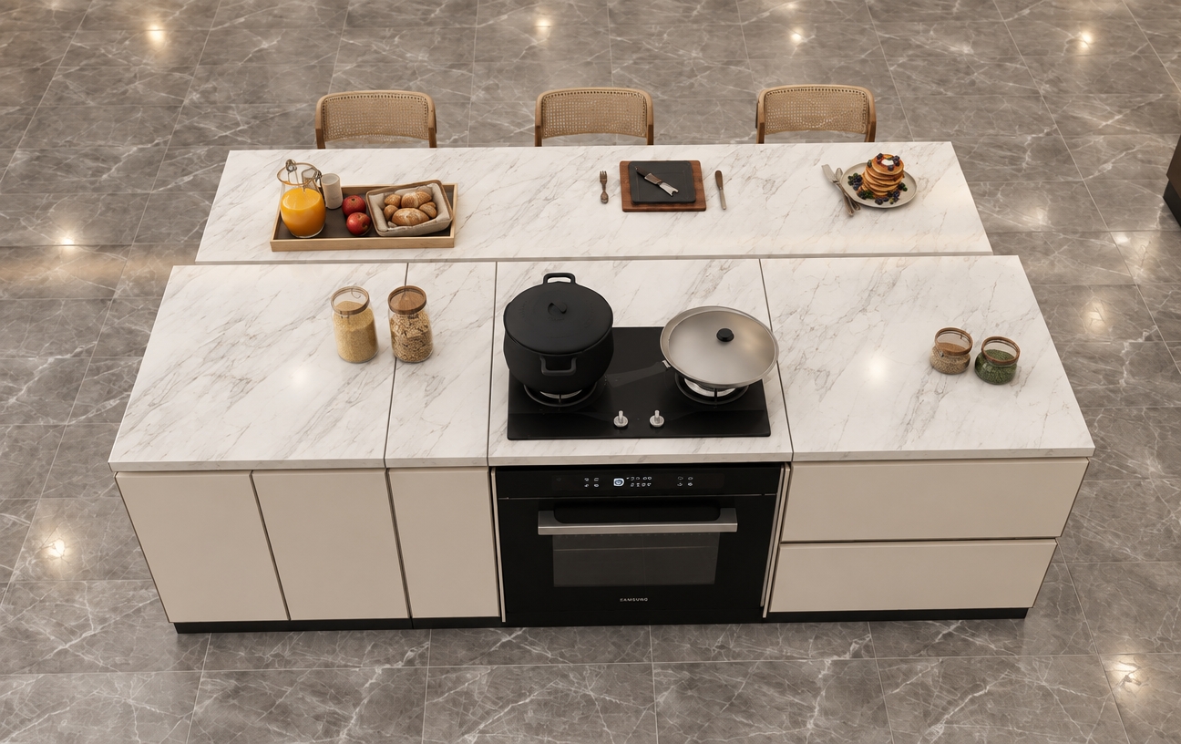 Photorealistic high-angle interior photograph of the kitchen island, maintaining the exact geometry and placement while replacing all stylized outlines with realistic materials. The scene is illuminated by soft, diffused downlighting from an overhead ceiling, casting gentle ambient light and authentic soft shadows across the polished white marble countertops and glossy grey floor tiles. Every element exhibits tactile realism, from the semi-matte cabinetry and cast-iron cookware on the cooktop to the glossy glassware, fresh breakfast items, and woven bar stool backs, all captured with a crisp 35mm lens and natural, warm color balance.