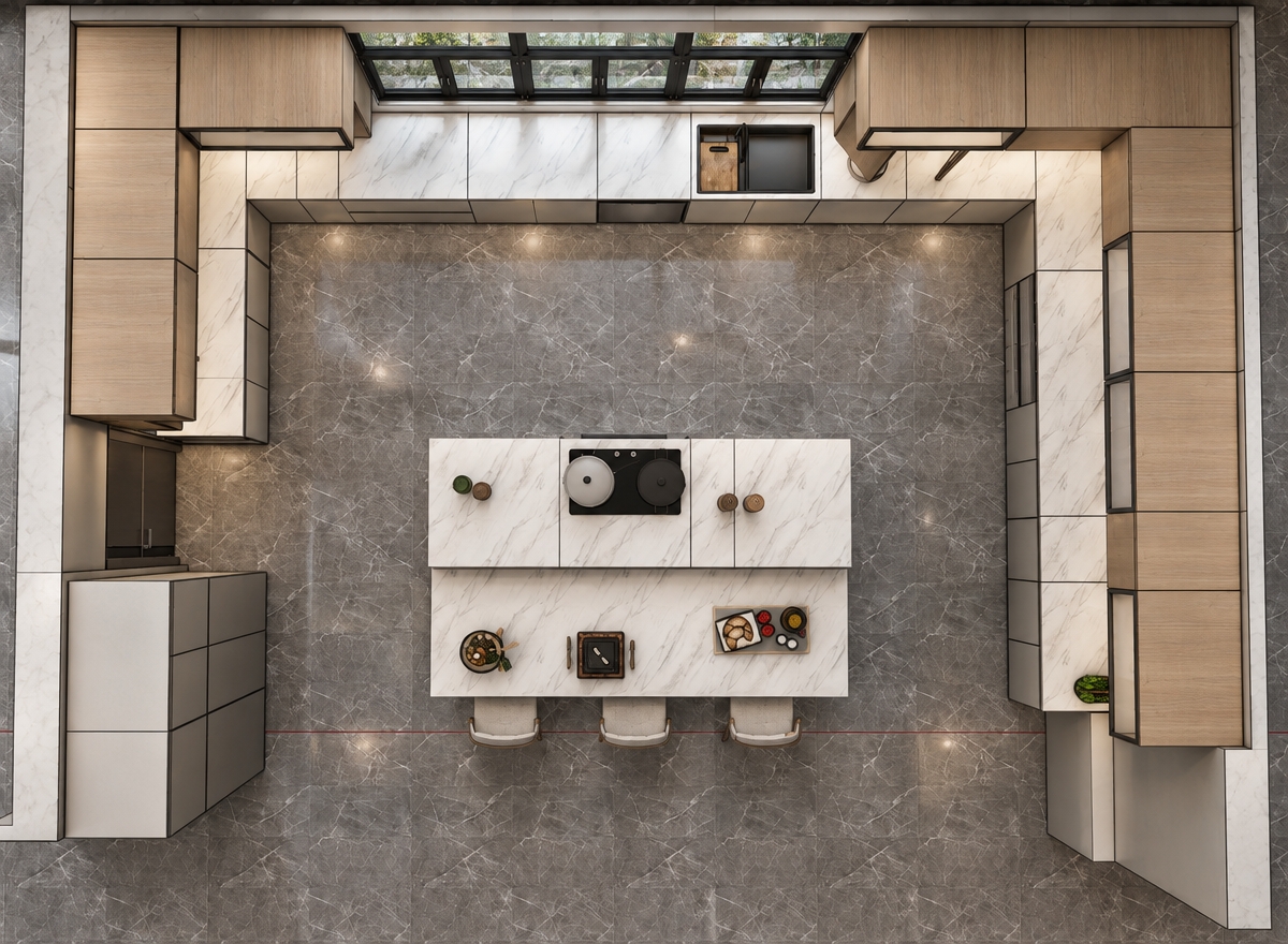 A photorealistic top-down architectural photograph of the kitchen, maintaining the exact layout, framing, and geometry, illuminated by soft natural daylight from the expansive glass windows complemented by warm ambient ceiling light cast downward. The grey floor tiles display realistic marble veining with subtle satin reflections, while the countertops feature authentic white marble textures with gentle surface specular highlights. The upper and lower cabinets exhibit natural, fine light wood grain with crisp shadow gaps, strictly omitting any foliage or plants from the wall units. Realistic culinary accessories on the island and induction cooktop show authentic micro-textures, gentle cast shadows, and clean metallic finishes, captured with sharp focus, balanced neutral tones, and subtle natural film grain.