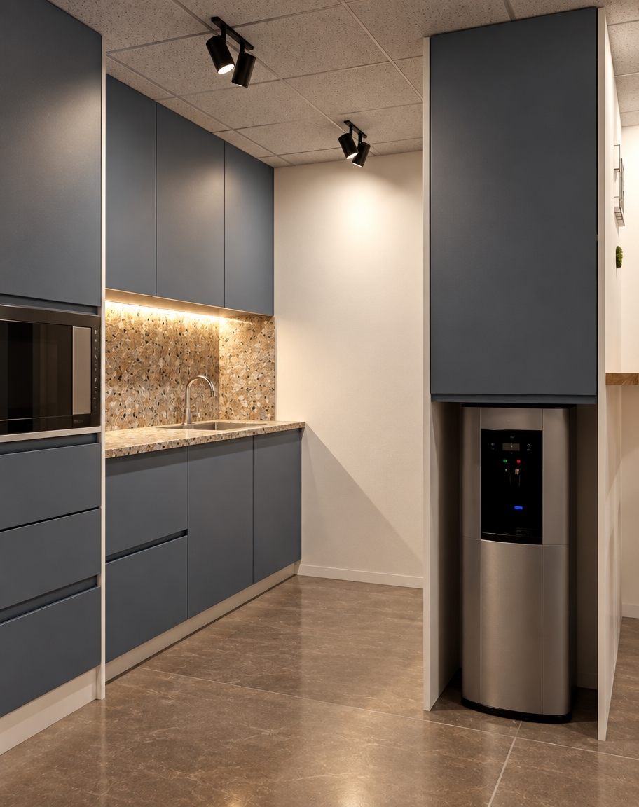 An incredibly lifelike, richly detailed, photorealistic medium-angle interior shot of a contemporary kitchenette set in a sleek, modern professional workspace. The scene is illuminated by soft, warm under-cabinet LED strips and crisp, directional black track lighting, creating a polished, sophisticated atmosphere. Captured with a 35mm lens, emphasizing the tactile contrast between the matte, slate-blue cabinetry and the organic, granular texture of the terrazzo backsplash and matching countertop. The composition balances the verticality of the floor-standing water dispenser against the clean, horizontal lines of the built-in cabinetry. A high-end finish is evident in the seamless joinery and the subtle, earth-toned large-format floor tiles that anchor the space. The soft shadows and neutral white walls enhance the depth of the room, evoking a sense of calm, functional elegance in a high-end corporate or studio environment.
