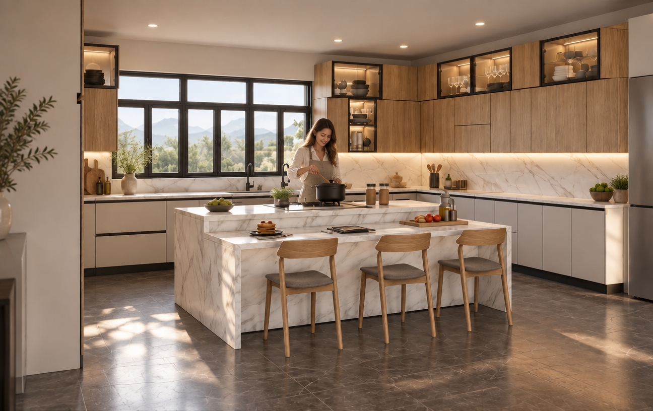 A photorealistic architectural photograph of the exact modern kitchen scene, naturally integrating a woman standing behind the marble island engaged in cooking. Soft daylight filters through the black-framed panoramic windows, blending with the warm under-cabinet accent lights across the polished marble surfaces, light wood grain cabinetry, and dark tiled floor. Captured with a 35mm interior lens at f/4, the image features lifelike material physics, soft authentic shadows, subtle micro-reflections, gentle lens vignetting, and fine photographic grain.