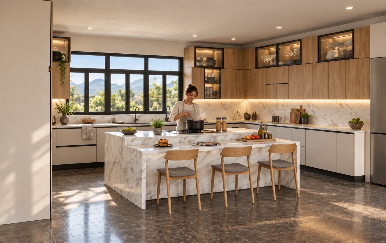 A realistic photograph maintaining the exact kitchen architecture, materials, and composition, featuring a woman naturally cooking behind the marble island cooktop. Soft natural daylight streams through the black-framed windows, mingling with warm under-cabinet LED lighting and recessed ceiling lights. Surfaces display authentic micro-textures, from the subtle veining on the polished marble island to the natural wood grain of the upper cabinetry and faint reflections on the dark floor tiles. Captured with a full-frame camera and balanced exposure, featuring faint steam rising from the cookware, soft realistic shadows, and gentle optical falloff.