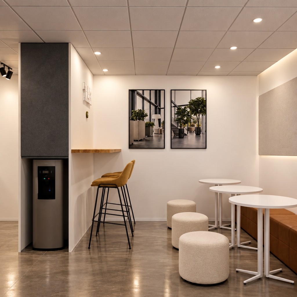 An incredibly lifelike, richly detailed, photorealistic interior shot of a modern fusion breakroom set in a high-end corporate office environment. The scene is illuminated by soft, recessed LED downlighting, creating a professional yet inviting atmosphere. Captured with a 35mm lens, emphasizing the tactile textures of the warm ochre bar stools, the cool slate-gray feature wall housing the sleek water cooler, and the seamless transition between the polished concrete flooring and the minimalist white café tables. The composition is expertly balanced, drawing the eye from the intimate high-top bar area toward the conversational grouping of soft cream-colored ottomans and modern bistro tables. Accented by monochromatic wall art depicting lush indoor greenery, the space exudes a sophisticated, functional elegance, with subtle shadows and clean lines enhancing the sense of depth and contemporary spatial harmony.