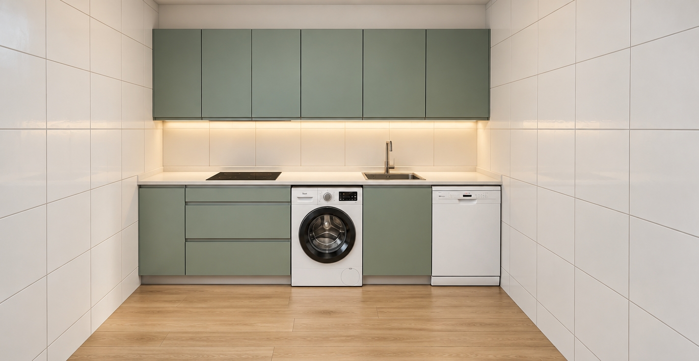 A straight-on architectural photograph preserving the exact layout and perspective, featuring smooth matte sage-green cabinetry, realistic white square ceramic wall tiles with subtle grout lines, and light oak floorboards. Warm under-cabinet LED strip lights cast a soft, luminous glow along the polished white countertop, creating delicate highlights on the stainless steel sink and black glass cooktop. The appliances retain their authentic white finishes with realistic plastic and enamel sheen, complemented by soft ambient interior lighting that produces gentle shadows, authentic micro-textures, and true-to-life material depth captured through a crisp, distortion-free lens.