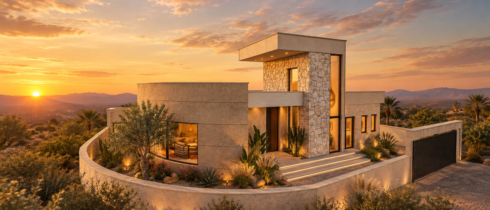 An incredibly lifelike, richly detailed, photorealistic wide-angle architectural exterior shot of a modern villa set in a serene desert landscape at sunset. The scene is illuminated by the golden, honeyed glow of the setting sun, casting soft, long shadows and creating a bohemian, free-spirited atmosphere. Captured with a 35mm lens, the rendering emphasizes the interplay between the crisp, clean lines of the architectural structure and the layered, organic textures of the surrounding oasis.

The facade is a masterclass in eclectic design, featuring a harmonious blend of smooth, sand-colored curved walls and rugged, light-toned stacked stone that anchors the structure to its environment. As twilight deepens, the interior glows with warm, ambient light, revealing glimpses of a curated, globally-inspired interior featuring rattan textures and vibrant textiles in shades of rust, mustard, and deep teal. The landscaping is a lush, bohemian paradise, with silver-leafed olive trees, architectural cacti, and swaying pampas grass nestled into decorative rock gardens. The composition is balanced and inviting, with a private driveway gated in dark metal and a welcoming entrance framed by dense, green foliage, evoking the feeling of a sophisticated yet relaxed retreat captured for a high-end photography book.