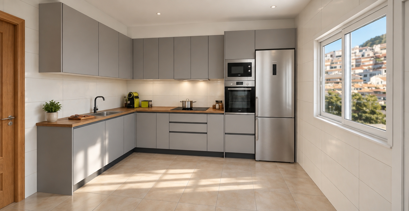 A real architectural photograph of the kitchen captured with a wide-angle lens, precisely preserving the existing composition, geometry, and textures. Natural daylight streams in through the right-side window, casting soft, directional shadows and subtle highlights across the warm ceramic tile floor and realistic wood-grain countertops. The cabinets exhibit an authentic, smooth matte-grey finish with subtle contact shadows, while the stainless steel appliances feature realistic brushed-metal reflections. Balanced exposure and tactile surface micro-textures on the tiled walls and fixtures complete the clean, lifelike photograph.