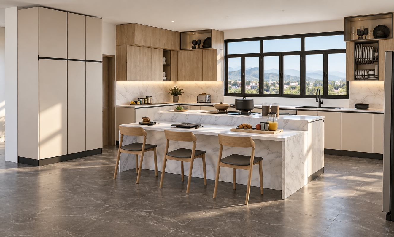 A clean architectural interior photograph of the kitchen scene enclosed with a flat white ceiling, preserving the exact geometry and perspective without cartoon outlines. Soft natural daylight floods through the large black-framed window, illuminating the polished white marble waterfall island, light oak and beige cabinetry, and dark tiled floor. Authentic micro-textures show subtle wood grain, realistic glass and ceramic tableware in the plant-free upper displays, and soft contact shadows under the furniture, captured with natural exposure and balanced interior lighting on a full-frame camera.