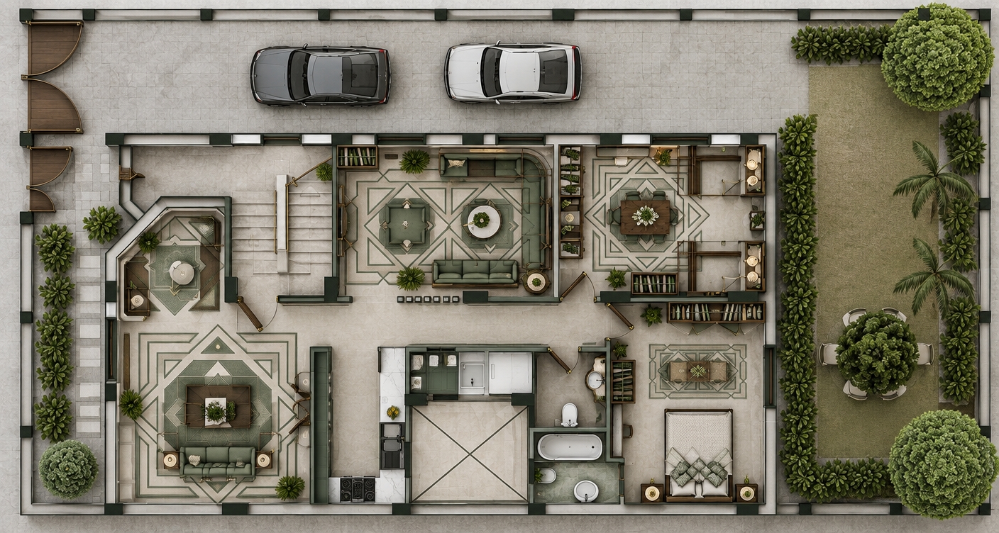 A sharp, flat-lay architectural presentation photograph capturing the exact top-down 2D floor plan layout under balanced, diffuse studio illumination. The interior features a refined palette of SW 9128 Green Onyx and SW 6175 Sagey, translated through realistic matte cabinetry, woven upholstery on seating, polished surfaces, and muted floor finishes with subtle contact ambient occlusion grounding every wall and furniture piece. Lush outdoor landscaping, detailed parked vehicles, and clean tile patterns are rendered with true-to-life surface micro-textures, zero perspective distortion, and crisp, edge-to-edge optical fidelity.