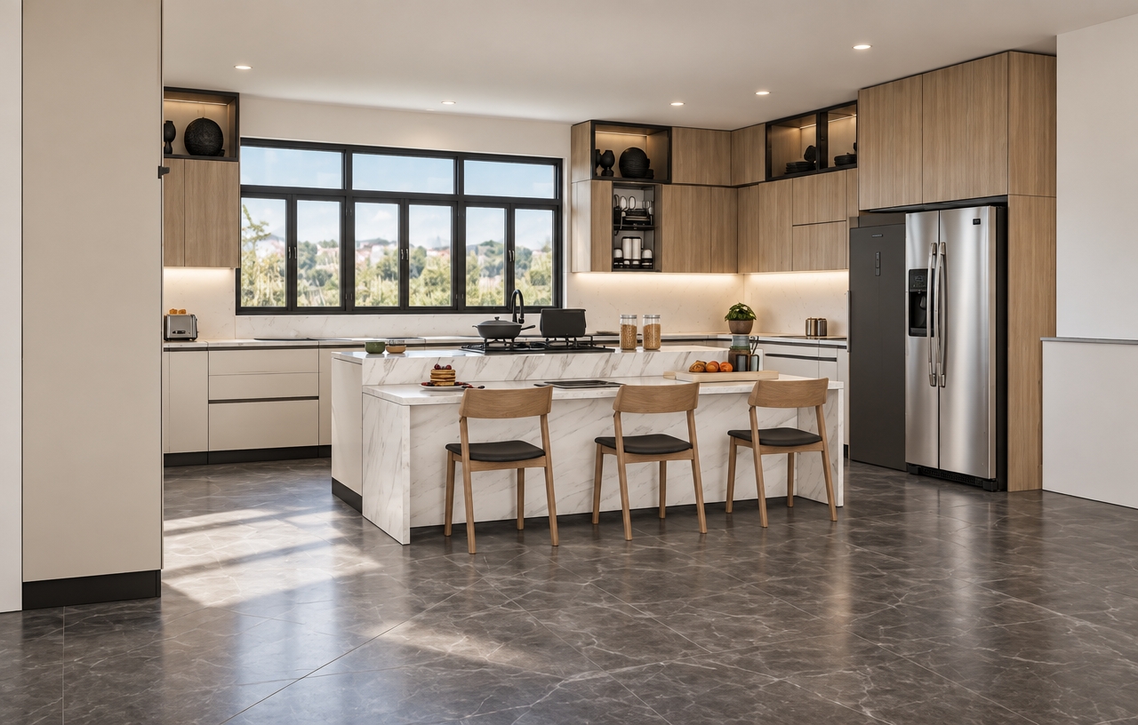 A high-end architectural photograph of the modern kitchen captured with a wide-angle tilt-shift lens, fully enclosing the space with a smooth, matte white drywall ceiling and subtle recessed lighting. Soft, diffused daylight floods through the broad window frames, casting gentle shadows across the dark polished stone floor tiles and highlighting the fine wood grain of the upper cabinets. The marble kitchen island and white quartz countertops exhibit soft, realistic reflections and fine veining, while the stainless steel refrigerator and black appliances show authentic brushed metal sheen with faint handling marks. Keep the exact composition, cabinetry, barstools, and countertop objects in place, ensuring the wall display units remain free of foliage, all rendered with natural ambient bounce, realistic depth of field, and a neutral, balanced color temperature.