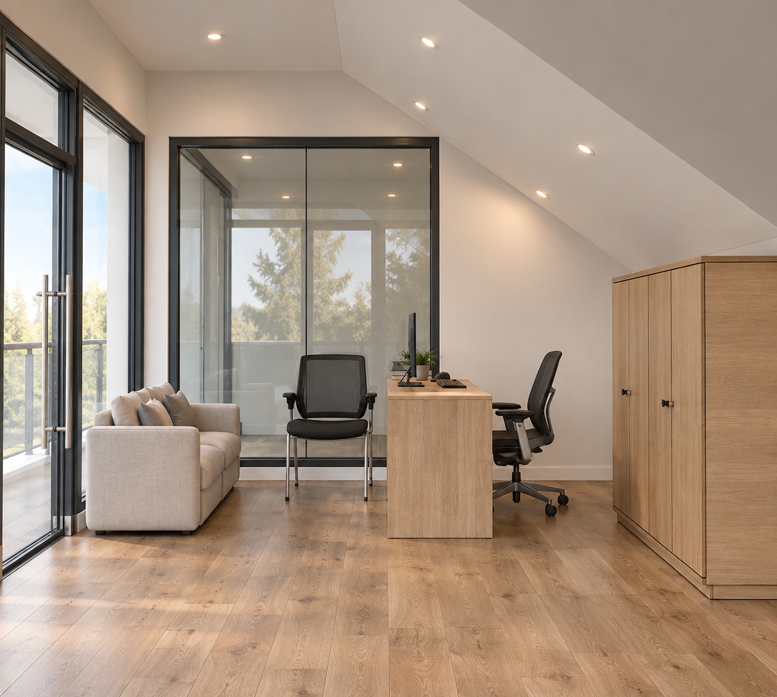 A professional architectural photograph of the modern attic office space, framed straight-on with a wide-angle interior lens. Soft, diffuse daylight streams through the glass partition and entrance, balanced by warm, subtle glow from the recessed ceiling downlights. The light-toned wooden desk and tall wardrobe display authentic matte wood grain with faint surface reflections, while the fabric sofa features a tactile woven texture and soft contact shadows. Clean glass panels present subtle interior reflections and delicate specular highlights along the dark metallic frames. Realistically textured wood plank flooring and smooth painted drywall complete the scene under natural, balanced exposure and crisp depth of field.