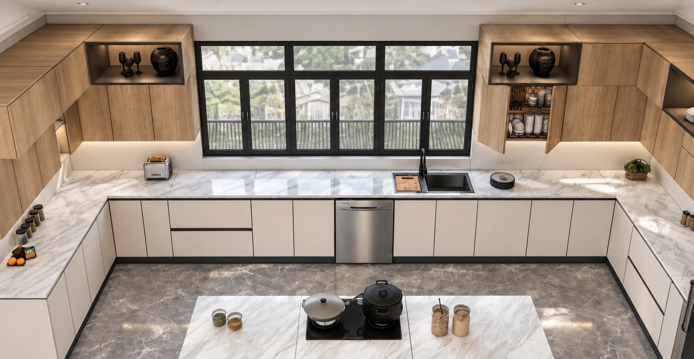 High-angle architectural interior photograph of the kitchen, retaining the exact geometry and layout with a fully finished, smooth white ceiling enclosing the space above. Soft daylight streams through the large multi-pane windows, casting natural ambient illumination and subtle reflections across the veined white marble countertops, brushed stainless steel appliances, and polished grey tile flooring. The upper cabinets feature authentic light-oak grain textures with clean open niches free of interior greenery, while the lower cabinetry exhibits a smooth matte finish. Captured with a professional wide-angle lens, showcasing realistic material physics, crisp edge definitions, gentle shadow gradations, and neutral, balanced color grading.