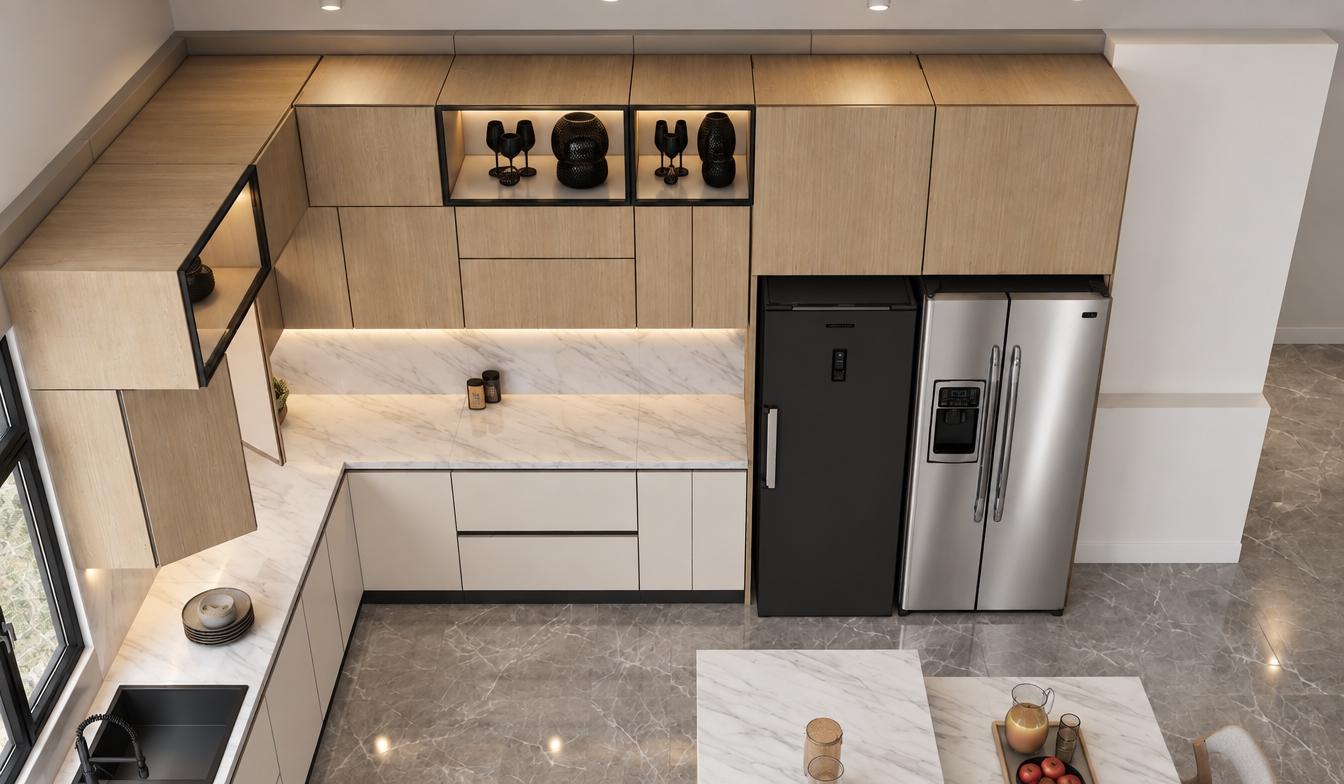 High-angle architectural photograph capturing the exact kitchen layout, illuminated by soft ambient ceiling lights and cool natural daylight filtering from the window. The upper cabinetry exhibits authentic light oak wood grain textures, contrasting with clean off-white base cabinets and polished white marble countertops with subtle grey veining. Realistic brushed stainless steel and matte black finishes define the refrigerators with accurate specular reflections. A smooth matte white plaster ceiling cleanly encloses the top boundary, while the open display cubbies neatly house only the black glassware without any plants. Polished grey marble floor tiles display gentle reflections and realistic contact shadows, rendered with crisp photographic focus, natural micro-textures, and subtle ambient falloff.