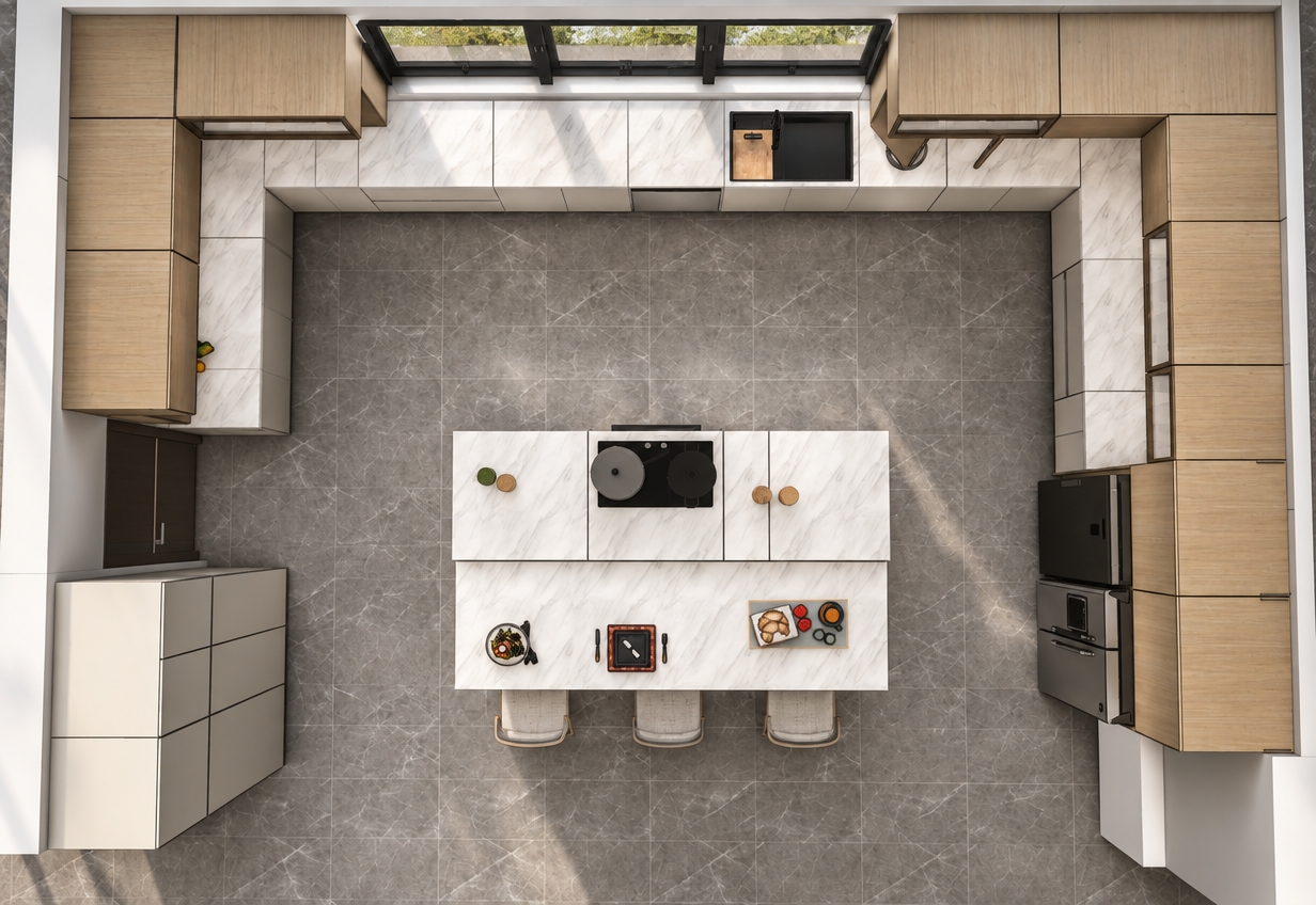 A top-down architectural photograph capturing the exact kitchen layout, illuminated by soft daylight from the windows and diffused ambient glow from overhead ceiling lighting. The cabinetry exhibits realistic light-oak wood grain, paired with polished white marble countertops that display delicate veining and subtle specular highlights. The large-format grey stone floor tiles feature natural micro-textures, fine grout lines, and gentle contact shadows beneath the counters and island stools. Matte black finishes on the cooktop and sink, along with brushed stainless steel on the refrigerator, provide authentic material contrast across the scene, captured with crisp, edge-to-edge optical clarity and clean surfaces without any added foliage.