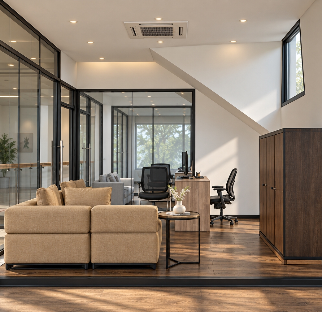 A professional architectural photograph capturing the exact modern office interior with precise real-world materials and balanced lighting. Diffused daylight and warm recessed ceiling downlights illuminate the room, casting soft, natural contact shadows and subtle ambient occlusion. The beige sofa displays fine fabric texture and realistic cushion creasing, while the sleek round side table features a matte tabletop and slender black metal frame holding a ceramic vase with delicate white blooms. The desk reveals authentic light wood grain, paired with a detailed mesh and plastic ergonomic task chair. Polished glass partitions show subtle interior reflections and accurate transparency into the adjacent space, contrasted against smooth matte drywall, an authentic ceiling cassette air conditioner, and rich dark wood tones on the floor and storage cabinet, captured with a clean 35mm lens, sharp focus throughout, and faint natural sensor grain.