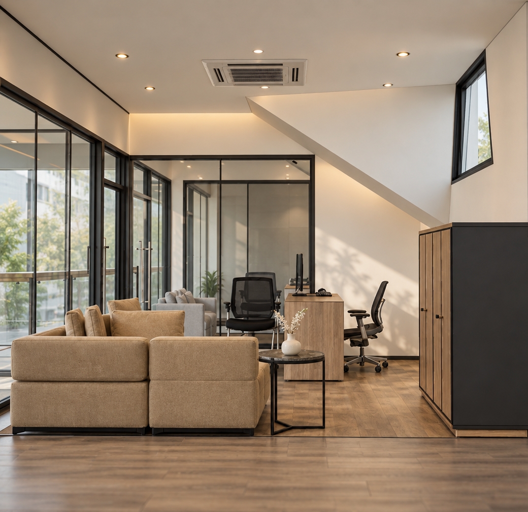 A professional architectural photograph of the modern office interior, maintaining the exact layout, geometry, and straight-on perspective shown in the 3D model. Soft, diffused daylight enters through the left glass partitions, mingling with warm recessed ceiling spotlights to create gentle ambient shadows and balanced illumination. The beige modular sofa features realistic fabric weave with subtle creasing, while the wooden desk and dark cabinet display authentic woodgrain textures and satin finishes. Realistic reflections and subtle transparency variations appear across the glass partitions, accompanied by authentic metallic sheens on door hardware and chair frames. The image is captured with a sharp tilt-shift lens on a full-frame sensor, showing natural depth of field, delicate micro-textures across walls and flooring, and a faint filmic grain that grounds the scene in realistic interior photography.