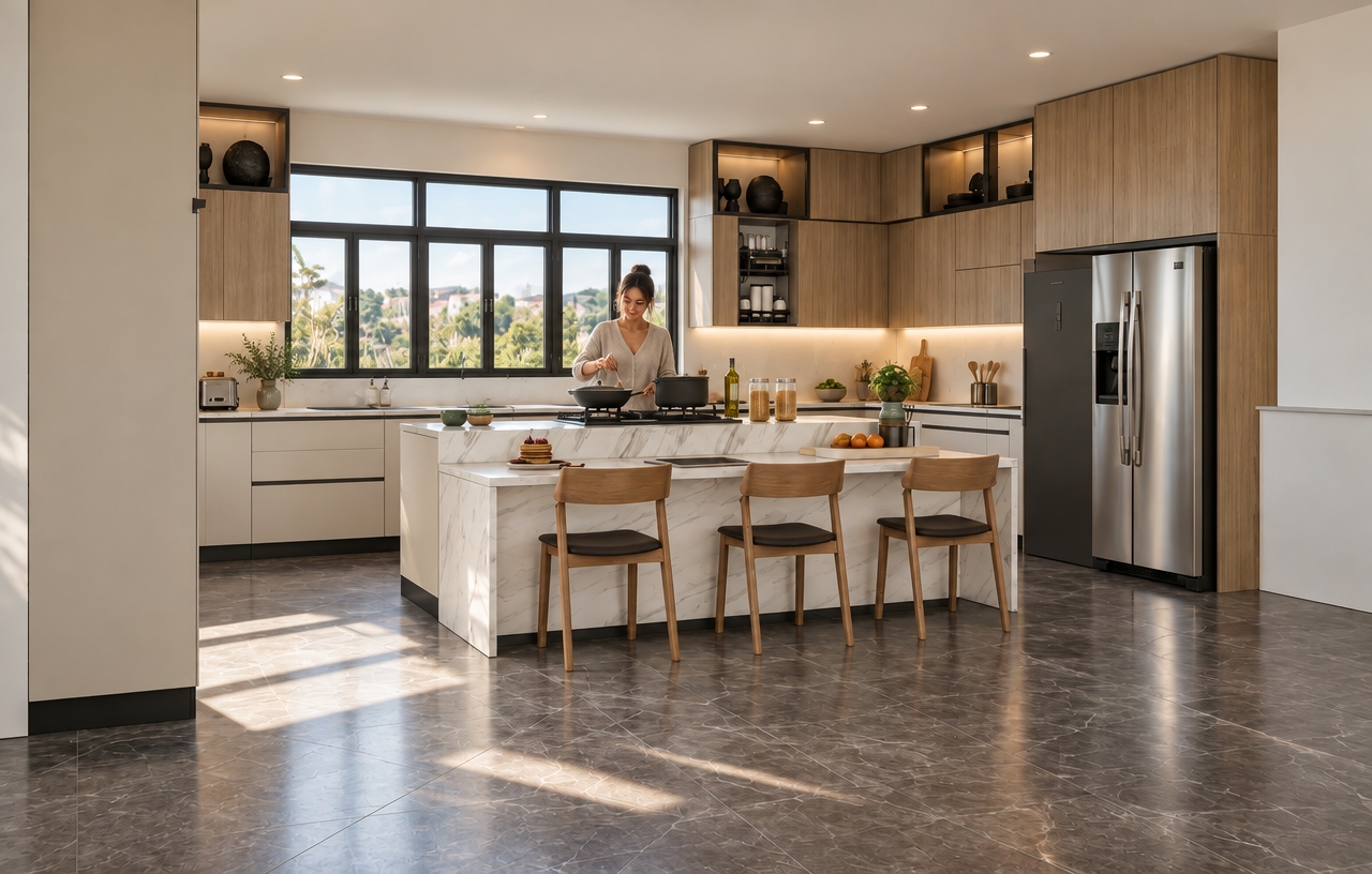 A photorealistic wide-angle interior photograph of the exact modern kitchen, maintaining its precise layout, marble island, wooden cabinetry, dark polished floor, and framing. Standing behind the island at the cooktop is a woman naturally engaged in cooking, dressed in casual home attire. Bright daylight streams through the black-framed windows, casting soft morning sunlight across the tiled floor, balanced by warm ambient glows beneath the upper cabinets and ceiling downlights. Render realistic surface textures, including brushed stainless steel on the refrigerator, authentic wood grain, natural stone reflections, and subtle photographic depth with gentle film grain.