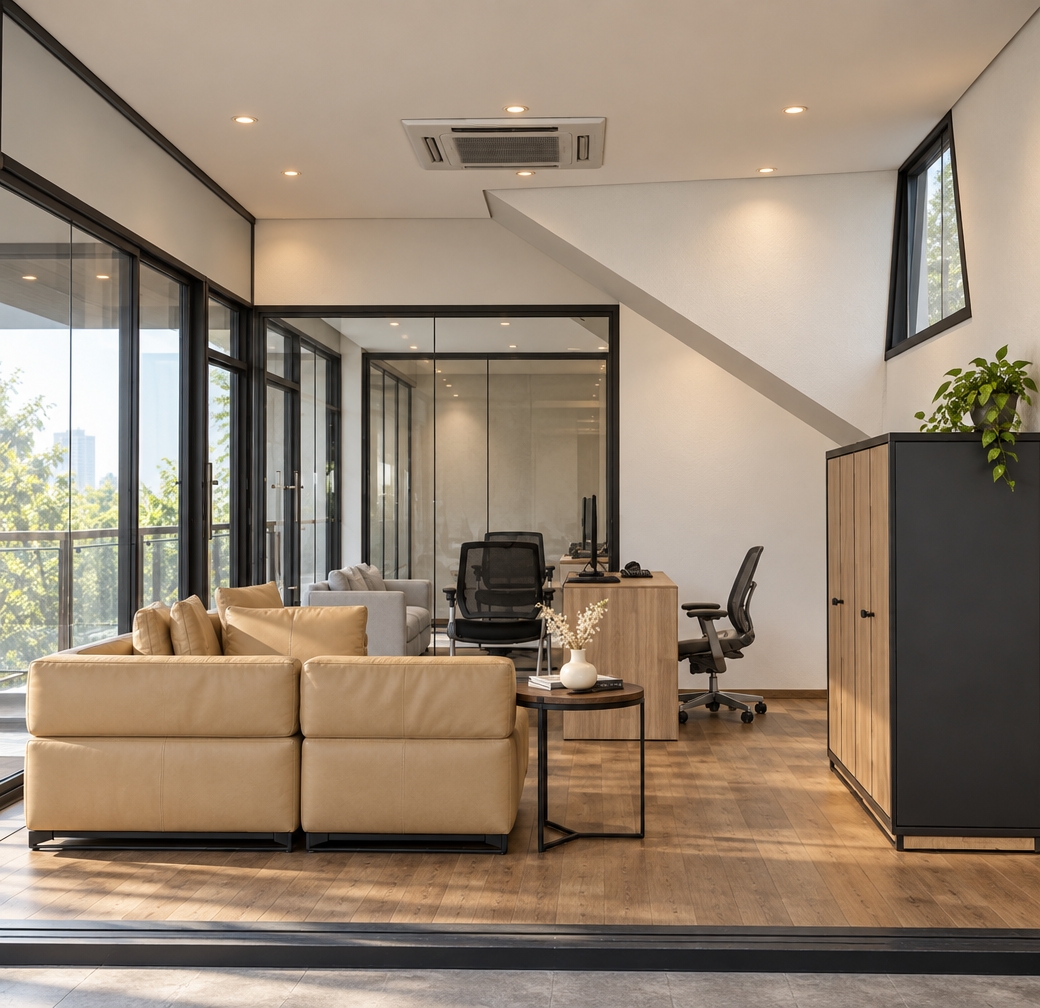 Professional architectural photograph taken with a 35mm interior lens, capturing the exact layout under balanced natural daylight entering from the left glass facade and warm 3000K recessed ceiling downlights. The scene features physically accurate materials, including finely creased beige leather upholstery on the sofa, realistic wood grain textures across the flooring and desk surfaces, matte black metal trims, and multi-layered glass reflections and refractions. Natural ambient occlusion grounds the furniture, with soft shadow falloff, subtle micro-textures on the matte painted drywall, gentle depth of field, and a crisp, clean exposure that presents the office interior as a finished, professionally photographed commercial space.