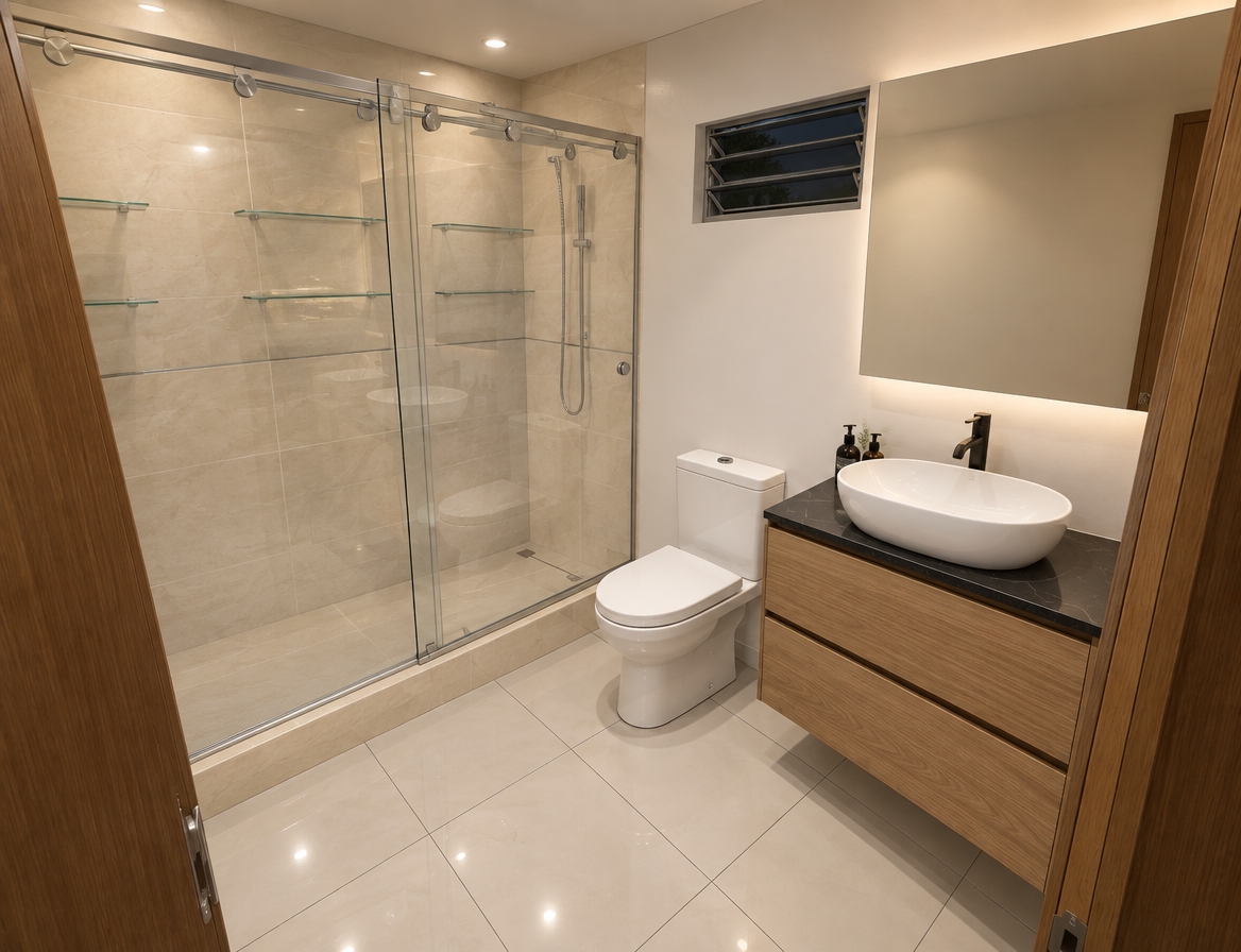 An incredibly lifelike, richly detailed, photorealistic interior shot of a minimalist sanctuary bathroom set in a quiet home during a spring night. The scene is illuminated by soft, diffused warm ambient lighting that casts gentle shadows, creating a serene and clean atmosphere. Captured with a 24mm wide-angle lens, emphasizing the crisp textures of the polished white porcelain floor tiles and the warm, organic grain of the floating wooden vanity.

The space feels sophisticated and airy, anchored by the sleek white porcelain toilet and a refined vessel sink that rests elegantly atop the vanity. Above, a large, frameless rectangular mirror reflects the soft evening glow, adding depth to the room. To the left, the expansive walk-in shower is enclosed by a high-end, translucent glass partition framed in brushed aluminum, featuring delicate glass shelving that catches the light. The overall composition is balanced and tranquil, with the cool grey grout of the floor tiles grounding the bright, pristine finishes, capturing the essence of a modern, high-end residential renovation.