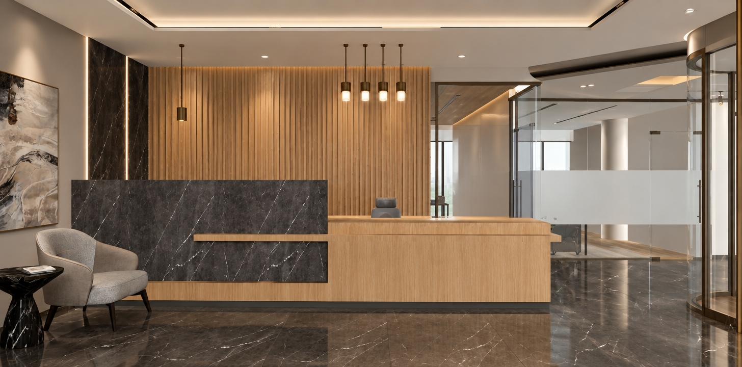 An incredibly lifelike, richly detailed, photorealistic interior shot of a sophisticated corporate reception area set in a contemporary office environment. The scene is illuminated by soft, recessed architectural lighting and warm, glowing pendant fixtures, creating a refined and tranquil atmosphere. Captured with a 35mm wide-angle lens, emphasizing the interplay between the cool, polished dark marble flooring and the warmth of the vertical-slat oak feature wall.

The composition centers on a balanced, clean-lined reception desk that masterfully combines slab-cut, charcoal-veined stone with light, fine-grained wood, echoing the textures found in the surrounding architecture. To the left, a sculptural, tailored armchair in soft pearl gray sits beside a petite, monolithic marble side table, beneath a striking piece of abstract wall art that ties the champagne and slate tones together. In the background, floor-to-ceiling glass partitions offer a glimpse of an airy, light-filled workspace, while slim, matte-bronze metal accents provide a subtle, jewelry-like finish to the space. The overall aesthetic is one of understated luxury, where every surface—from the matte-finish stone to the precision-milled timber—reflects a highly curated, professional design language.