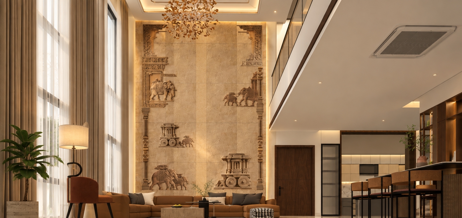 A professional architectural photograph of the double-height living and dining space, maintaining the exact perspective, composition, and structural geometry of the scene. The grey surfaces become crisp, matte white walls and smooth white ceilings, accentuated by soft warm recessed cove lighting along the ceiling recesses and walls. The large central accent wall features finely detailed, carved Indian sandstone reliefs with tactile stone grain, gently highlighted by warm directional wash lighting. The modern low-profile sofa is upholstered in soft, textured suede leather, complemented by glowing light from the standing floor lamp and the intricate illuminated ceiling chandelier. Sunlight filters softly from the left through sheer white tissue and heavy beige drapery, casting authentic diffused shadows across the polished interior surfaces with natural photographic depth and subtle lens warmth.