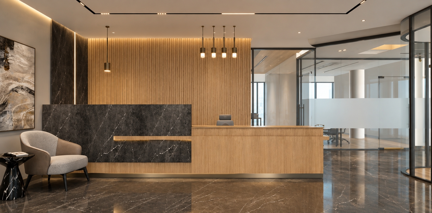 An incredibly lifelike, richly detailed, photorealistic interior shot of a sophisticated corporate reception area set in a contemporary office environment. The scene is illuminated by soft, recessed architectural lighting and warm, glowing pendant fixtures, creating a refined and tranquil atmosphere. Captured with a 35mm wide-angle lens, emphasizing the interplay between the cool, polished dark marble flooring and the warmth of the vertical-slat oak feature wall.

The composition centers on a balanced, clean-lined reception desk that masterfully combines slab-cut, charcoal-veined stone with light, fine-grained wood, echoing the textures found in the surrounding architecture. To the left, a sculptural, tailored armchair in soft pearl gray sits beside a petite, monolithic marble side table, beneath a striking piece of abstract wall art that ties the champagne and slate tones together. In the background, floor-to-ceiling glass partitions offer a glimpse of an airy, light-filled workspace, while slim, matte-bronze metal accents provide a subtle, jewelry-like finish to the space. The overall aesthetic is one of understated luxury, where every surface—from the matte-finish stone to the precision-milled timber—reflects a highly curated, professional design language.