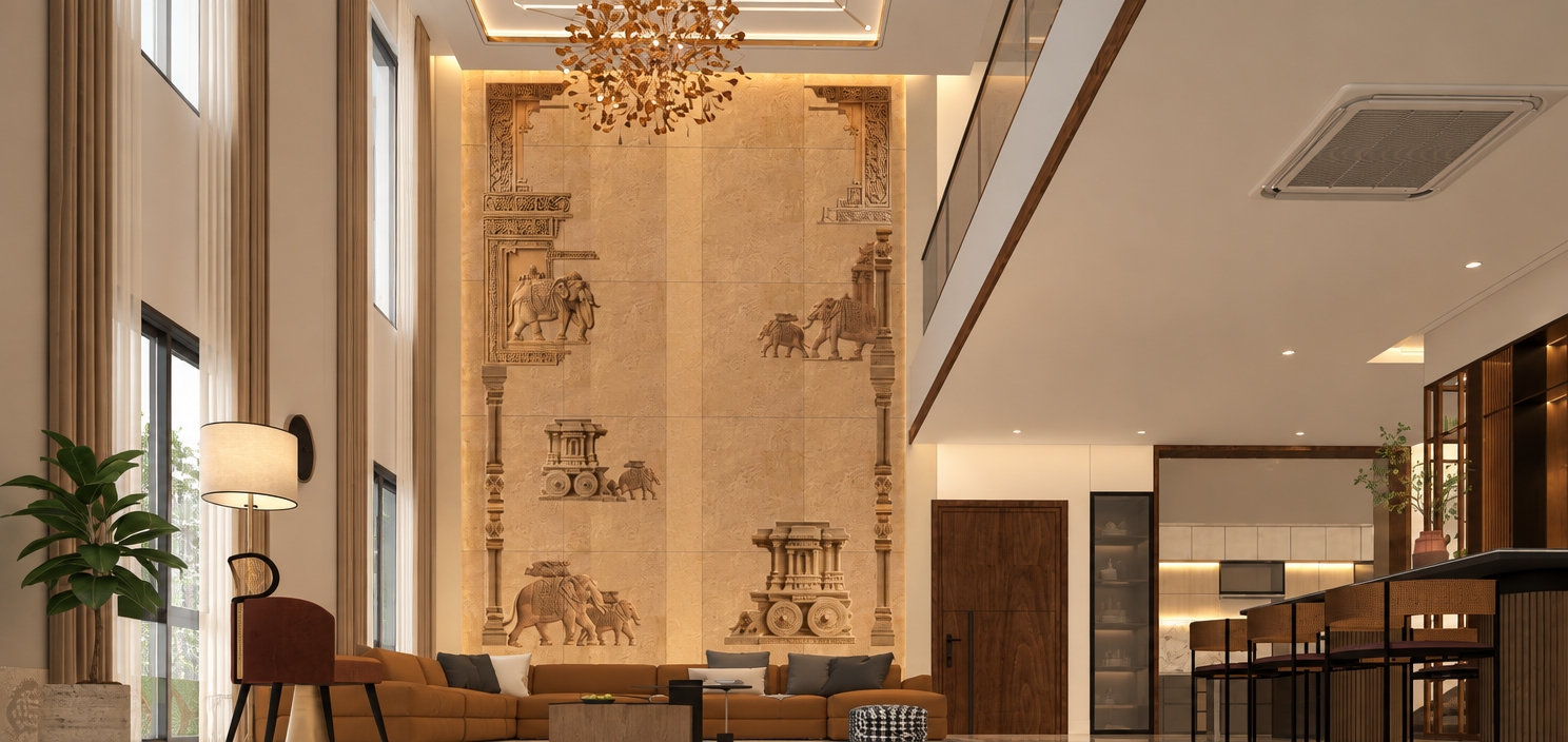 A photorealistic, wide-angle interior photograph of the double-height living and dining space, maintaining the exact camera angle, perspective, and architectural composition. The double-height accent wall features realistic, deeply textured sandstone reliefs of traditional Indian elephant motifs and ornate carved pillars, illuminated by warm white cove lighting from the false ceiling that casts realistic ambient shadows and highlights surface depth. The remaining walls and ceiling are finished in crisp matte white plaster. Suspended from above, the intricate bronze chandelier glows with soft, warm light, matched by the gentle luminescence of the modern floor lamp. The modular sofa is upholstered in soft, textured caramel suede leather, while sheer white tissue and beige solid curtains drape naturally beside the windows. Warm architectural light softly reflects across the polished dining surfaces and wooden doors to the right, rendered with natural atmospheric depth, balanced exposure, and subtle photographic grain.