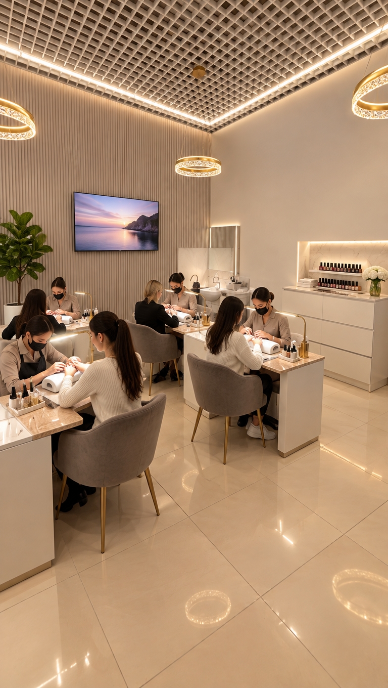 An incredibly lifelike, richly detailed, photorealistic wide-angle interior shot of a luxurious boutique manicure studio set in an upscale contemporary beauty lounge. The scene is illuminated by soft recessed perimeter LEDs, diffused warm ring chandeliers, and dedicated slimline task lamps at every station, creating a chic, luminous, and professional atmosphere. Captured with a high-end mirrorless camera and an architectural 24mm lens, emphasizing smooth ribbed wall paneling, polished cream porcelain tile flooring, and plush velvet seating.
The reimagined space is completely decluttered and operates at full capacity, with well-dressed, attentive nail technicians actively working on elegant clients across bespoke wood-and-marble manicure tables. Gone are the exposed cords and disjointed furniture; instead, integrated cable management and sleek, handle-free built-in cabinetry keep the workspace immaculate. On the pristine, soft-white feature wall, a large ultra-slim 4K television is flush-mounted, displaying tranquil ambient visuals to entertain clients. Ergonomic shell chairs upholstered in muted taupe fabric, subtle brass hardware, and a vibrant fiddle-leaf fig tree complete the setting, transforming the room into a harmonious, high-end sanctuary of contemporary elegance.