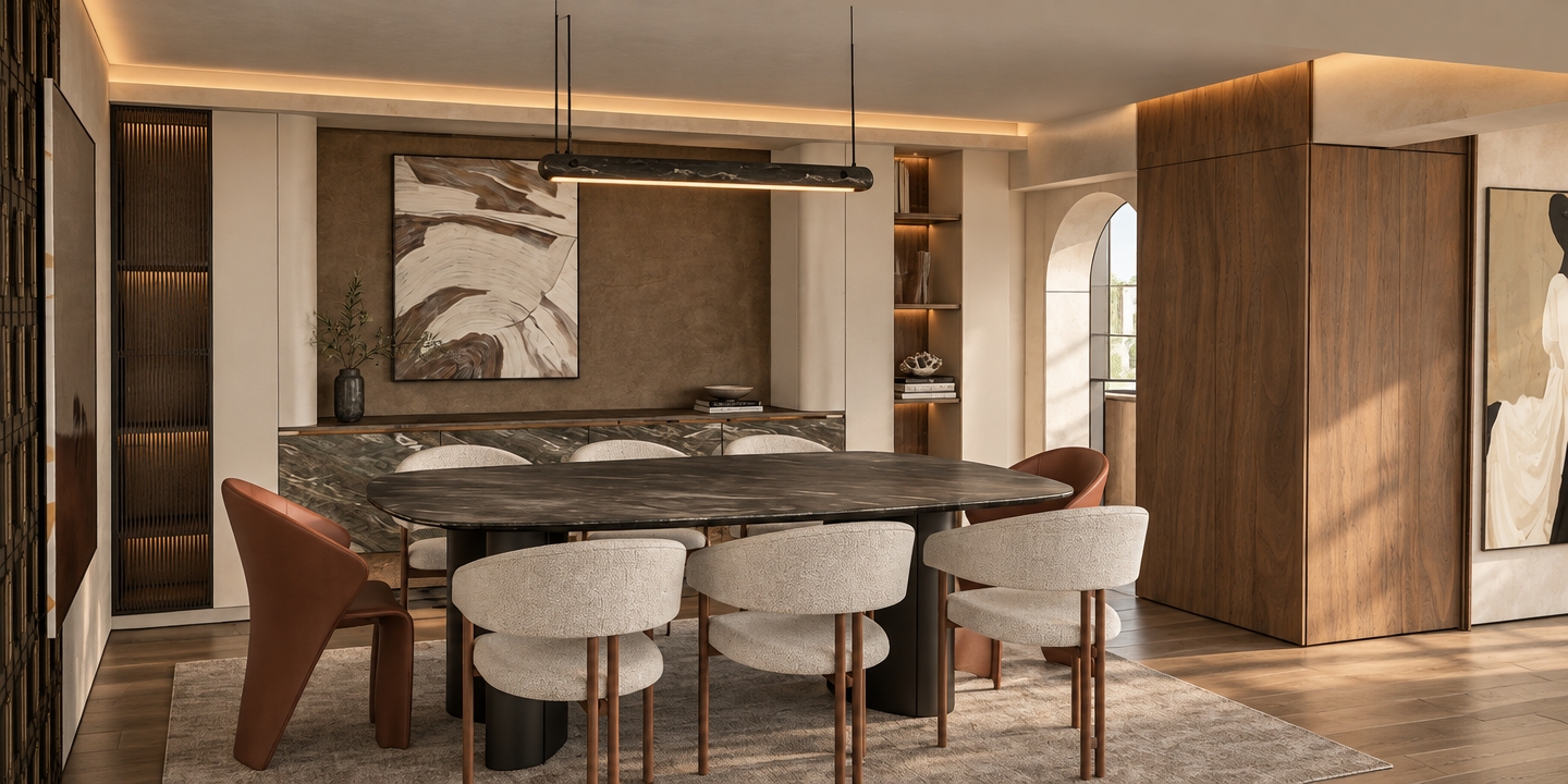 A professional architectural interior photograph capturing the exact geometry, perspective, and composition of the space, illuminated by soft natural daylight from the arched opening balanced by a subtle, continuous 2800K warm LED light strip integrated into the ceiling contour along the wood-paneled bulkhead. Surfaces feature authentic PBR textures, including a dark honed stone dining tabletop with subtle natural veining, tactile bouclé fabric on the curved chairs, smooth terracotta-toned accent armchairs, and rich, realistic vertical walnut grain on the architectural storage volume. The background highlights matte plaster finishes, delicate fabric textures, a framed canvas with natural impasto depth, and soft ambient reflections, producing balanced global illumination, gentle contact shadows, and the crisp clarity of high-end editorial interior photography.