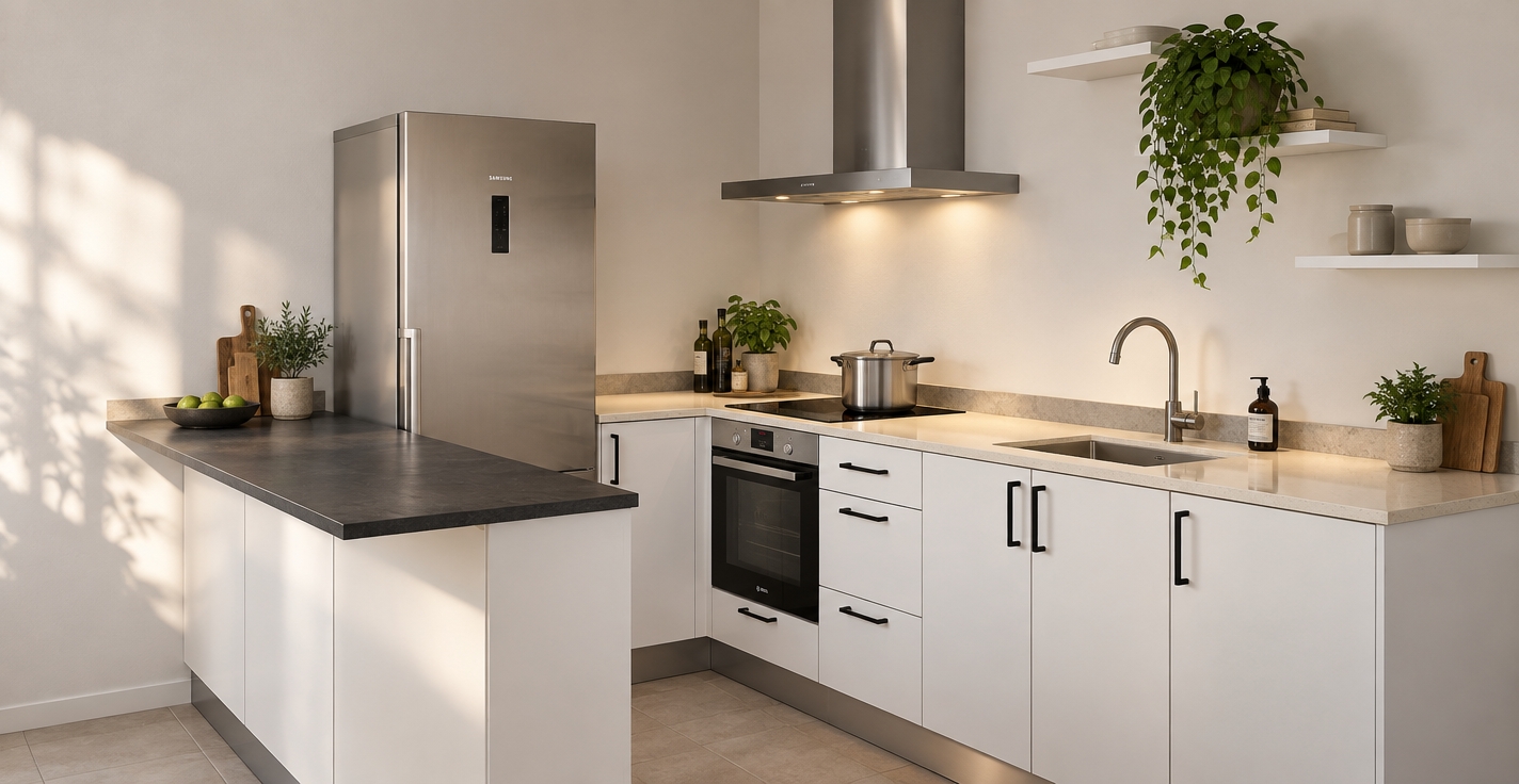 A clean, eye-level architectural photograph capturing the exact modern kitchen layout, illuminated by soft, diffuse natural daylight complemented by warm 3500K under-cabinet glow. The white cabinetry features a realistic satin finish with authentic edge reflections and subtle handling marks, paired with matte black hardware. The dark peninsula surface displays a fine, tactile slate texture, contrasting cleanly with the polished off-white composite countertops and stainless steel appliances exhibiting fine directional brushing. Organic details are faithfully rendered, including glossy, hydrated foliage on the hanging plant, crisp reflections in the cooktop and oven glass, and subtle grout texture on the floor tiles, all captured with sharp 35mm lens clarity, gentle ambient occlusion, and natural film grain.
