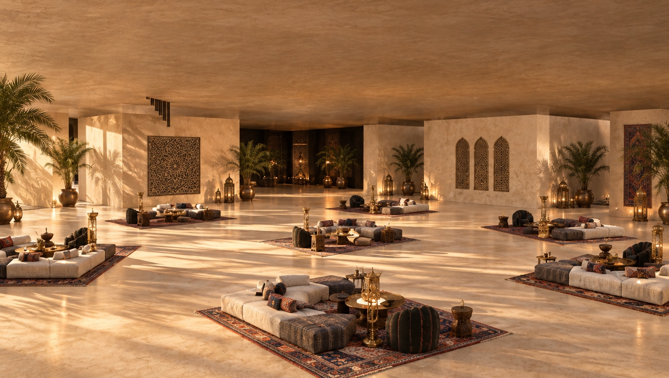 An incredibly lifelike, richly detailed, photorealistic wide-angle interior shot of a sprawling, avant-garde lounge set in an expansive, Moroccan-inspired desert sanctuary. The scene is illuminated by a soft, diffused golden hour glow that spills across the vast, sandy-toned floor planes, creating a warm, sensual, and ethereal atmosphere that highlights the interplay between the minimalist structural volumes and the intricate decor. Captured with a 35mm lens, the composition emphasizes a rhythmic sequence of seating islands, each anchored by plush, modular sofas in cream and charcoal tones, contrasted against the ornate richness of carved dark walnut side tables and hammered brass accents. The background features monolithic walls treated in a smooth, lime-wash plaster, accented by striking geometric wall art that draws from traditional Middle Eastern motifs. The curated vignettes are brought to life with vibrant, patterned silk textiles in deep indigos, royal reds, and shimmering golds, while strategically placed indoor palms cast long, artistic shadows across the floor. This architectural visualization balances the stark, grand scale of the open-plan space with the intimate, textured complexity of authentic Moroccan craftsmanship, resulting in a sophisticated fusion of desert minimalism and exotic, ornate luxury that feels pulled directly from a high-end photography book.