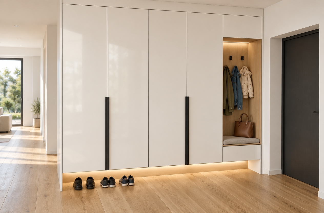 A crisp interior photograph of the bright hallway and wardrobe system, lit by soft ambient daylight flooding from the open corridor to the left. The custom cabinetry features subtle-gloss white door panels with slim vertical black pull handles, set above natural light oak plank flooring. Warm, hidden LED strip lighting runs continuously along the recessed toe-kick, gently illuminating the neatly arranged men's, women's, and children's shoes below. In the integrated alcove, casual jackets hang naturally from the wall hooks while a leather handbag rests on the low bench, defined by clean contact shadows, gentle specular reflections, and sharp architectural photographic clarity.