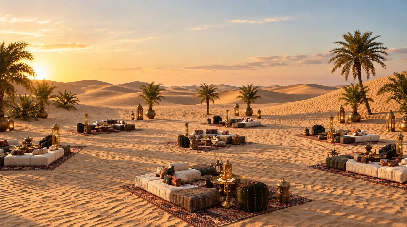 An incredibly lifelike, richly detailed, photorealistic wide-angle landscape shot of an open-air bohemian oasis lounge set in an expansive, sun-drenched desert expanse. The scene is illuminated by the soft, golden radiance of the late afternoon sun, creating a warm, free-spirited, and serene atmosphere. Captured with a full-frame camera and a 35mm f/4 lens, emphasizing the fine, wind-rippled grains of sand, intricate textile weaves, and ornate metallic accents, this editorial-style setting features several handcrafted, layered seating arrangements spread across the dunes. Each globally-inspired lounge pod is anchored by richly patterned Persian rugs boasting shades of warm rust, mustard, deep teal, and earthy neutrals, topped with modular low-profile upholstered daybeds, eclectic cushions, and scalloped dark poufs. Low brass and carved-wood tables display vintage-collected decor, delicate teaware, and tall Moroccan-style pierced lanterns, while lush potted and rooted palm trees punctuate the sandy terrain, seamlessly blending luxurious outdoor living with untamed desert nature.