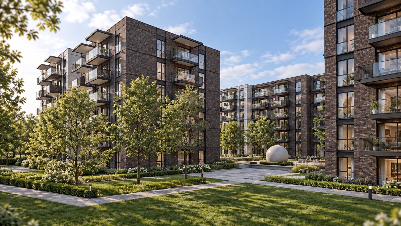 Architectural daylight photograph of the modern apartment complex captured with a sharp tilt-shift lens, precisely preserving the structural layout, composition, and perspective. The building facades feature tactile dark brick tiles with detailed mortar joints contrasted against clean, textured concrete panels and sleek dark window frames. Balconies with transparent glass railings exhibit realistic reflections alongside warm, inviting interior illumination glowing softly from select apartments. The grounds, pathways, central paved courtyard, and surrounding trees are rendered with photorealistic foliage, lawn micro-textures, and authentic materials under natural daylight, defined by balanced contrast, soft ambient shadows, and subtle photographic depth.