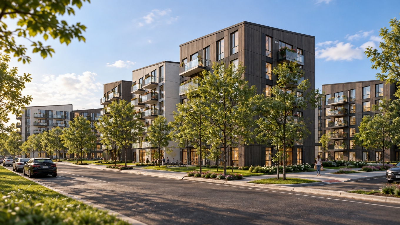 Architectural photograph capturing the modern residential blocks under bright daytime sunlight, preserving the exact layout, geometry, and low-angle street perspective. The facades feature dual-tone vertical wood planks and textured paneling, complemented by dark window frames with realistic glass reflections and warm interior lights glowing in scattered apartments. Glass-railed balconies are populated with vibrant potted flowers and occasional residents, while realistic leafy trees cast soft shadows onto the manicured turf, sidewalk, and textured asphalt street where parked cars and pedestrians add a natural lived-in atmosphere. Shot with a professional tilt-shift lens, the scene features balanced natural daylight, crisp dynamic range, a soft blue sky, and authentic surface textures throughout.