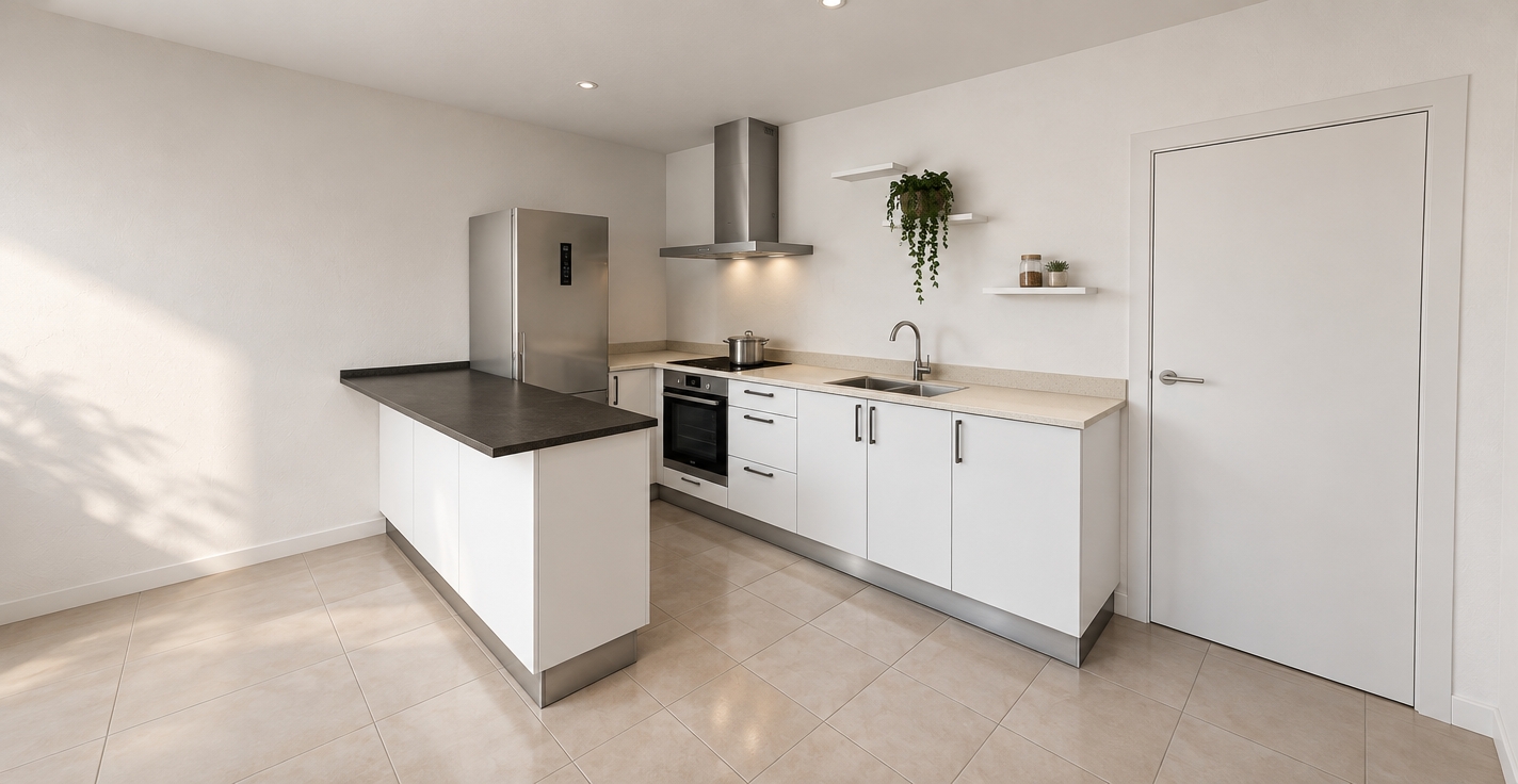 A clean architectural photograph of the kitchen taken with a 24mm tilt-shift lens, illuminated by soft, natural ambient daylight casting gentle contact shadows. The exact geometry, layout, and composition remain strictly preserved, featuring smooth matte white cabinetry, brushed stainless steel appliances with subtle anisotropic reflections, a finely textured dark countertop on the peninsula, and a pale composite worktop by the sink. The beige ceramic floor tiles show realistic grout lines and soft surface sheen, while the white walls display faint plaster texture under neutral, balanced lighting.