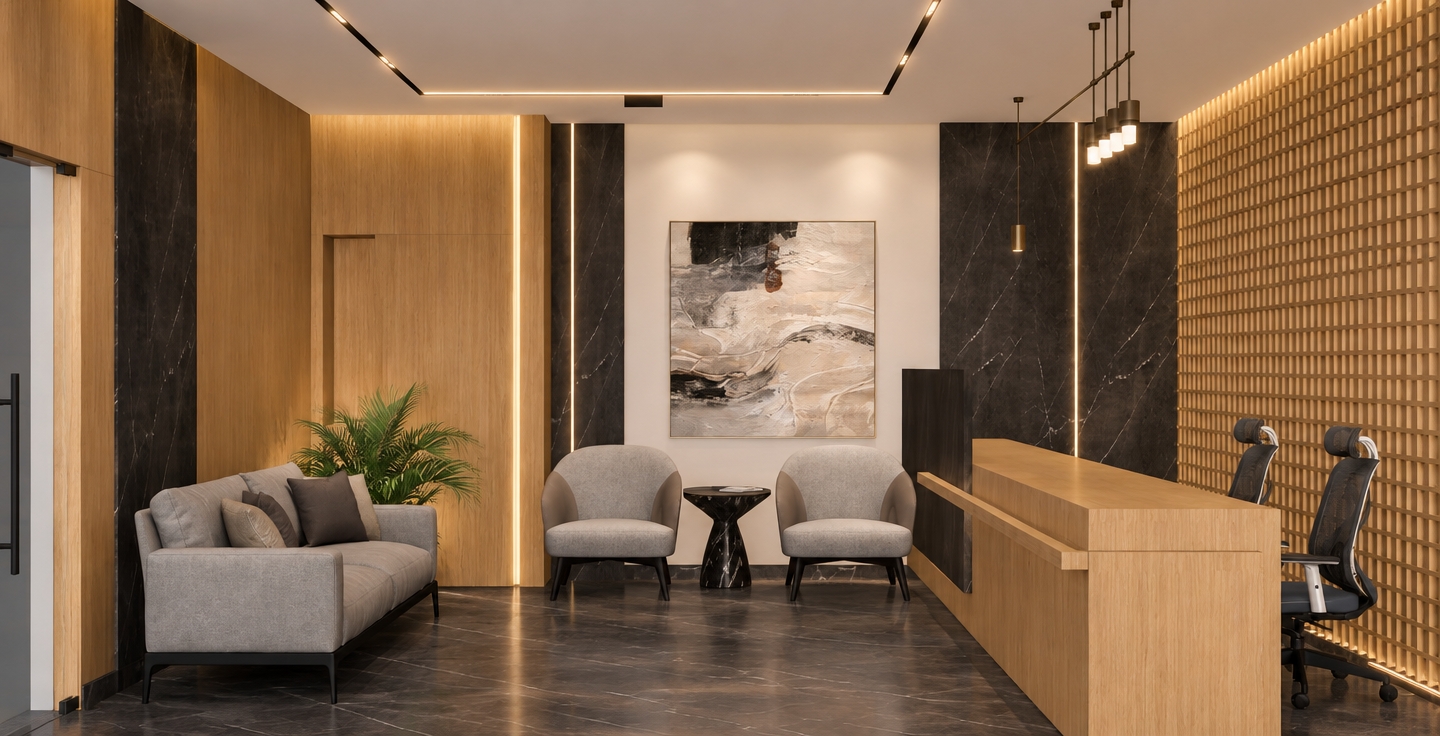 An incredibly lifelike, richly detailed, photorealistic eye-level interior shot of a contemporary professional reception area set in a high-end corporate office. The scene is illuminated by warm, diffused recessed lighting and a sophisticated linear pendant fixture, creating a serene and uncluttered atmosphere. Captured with a 35mm lens, the image emphasizes the high-contrast textures of matte black marble paneling, light oak wood slats, and soft, tactile upholstery.

The composition centers on an abstract, textured wall art piece hanging between two plush, dove-gray armchairs, which are perfectly complemented by a sculptural black marble side table. To the left, a streamlined, low-profile gray sofa rests on a dark marble floor, anchored by a vibrant green indoor plant that brings a touch of organic life to the space. On the right, a long, custom-built wooden reception desk provides a warm, functional focal point, paired with ergonomic mesh task chairs. The room is a minimalist haven where sleek metal accents and natural wooden finishes harmonize, resulting in a balanced, zen-inspired space that feels both elegant and professionally inviting.