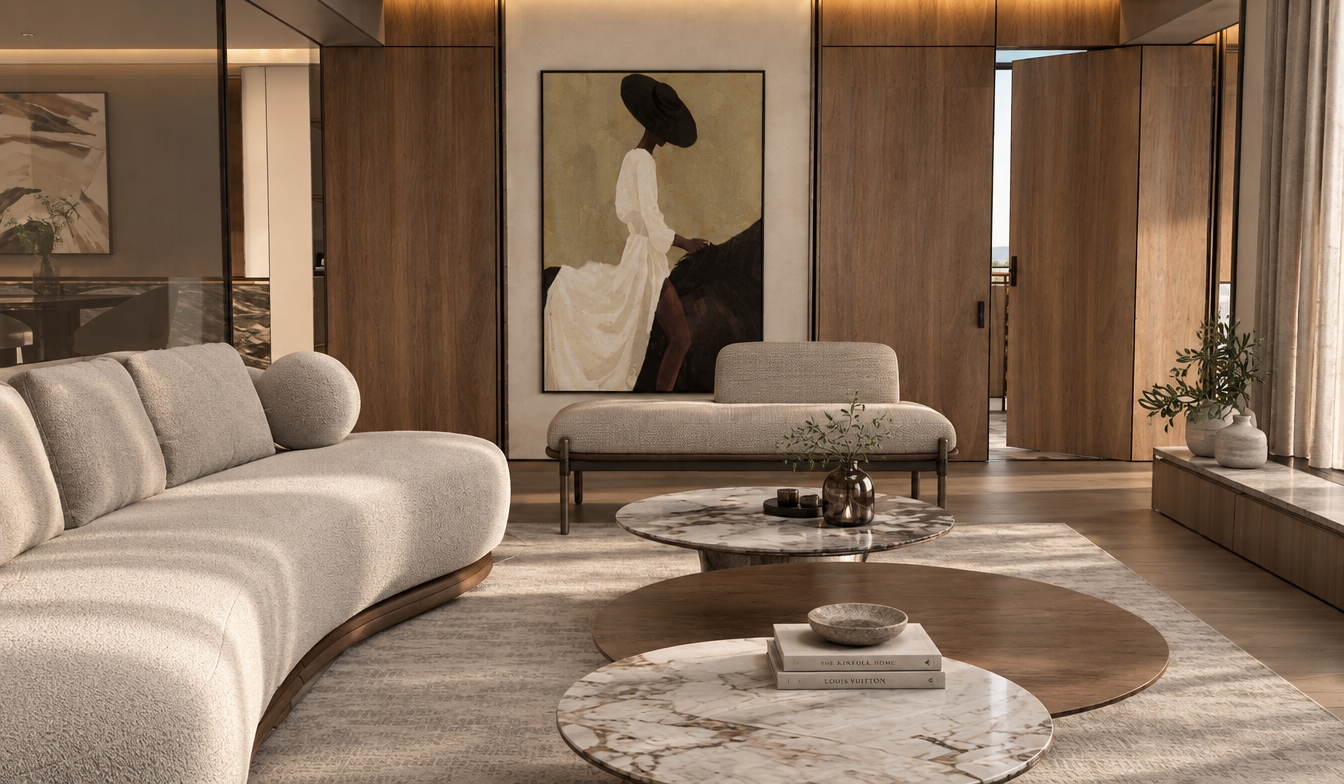 A professional architectural photograph capturing the exact layout, geometry, and perspective of the reference space, illuminated by soft natural daylight balanced with a subtle, warm 2800K architectural LED light line seamlessly integrated along the ceiling contour bordering the wood paneling. Every material is rendered with authentic physical properties, featuring tactile woven fabric on the curved sofa and daybed, refined natural grain on the wooden wall panels, polished stone on the marble coffee tables, and a realistic matte canvas finish on the wall art. Shot with a crisp architectural lens, the image displays realistic depth of field, balanced global illumination, soft natural shadows, and gentle ambient reflections suited for an interior design magazine.