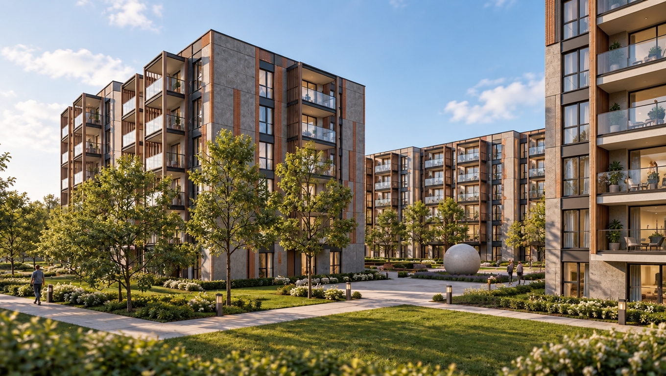 A crisp architectural photograph capturing the modern residential complex under natural daytime light, shot on a professional tilt-shift lens matching the exact camera perspective. The facade features tactile matte concrete panels and warm brick tile accents, sharply contrasted by sleek dark window frames and clean glass balcony railings. Warm interior lighting glows invitingly from select apartments alongside soft exterior accent lights. The scene incorporates realistic foliage on the existing trees and lawns, authentic concrete ground paving, potted flowers and residents on balconies, and subtle ground-level activity, all grounded by balanced daylight, crisp geometric shadows, and gentle lens depth.