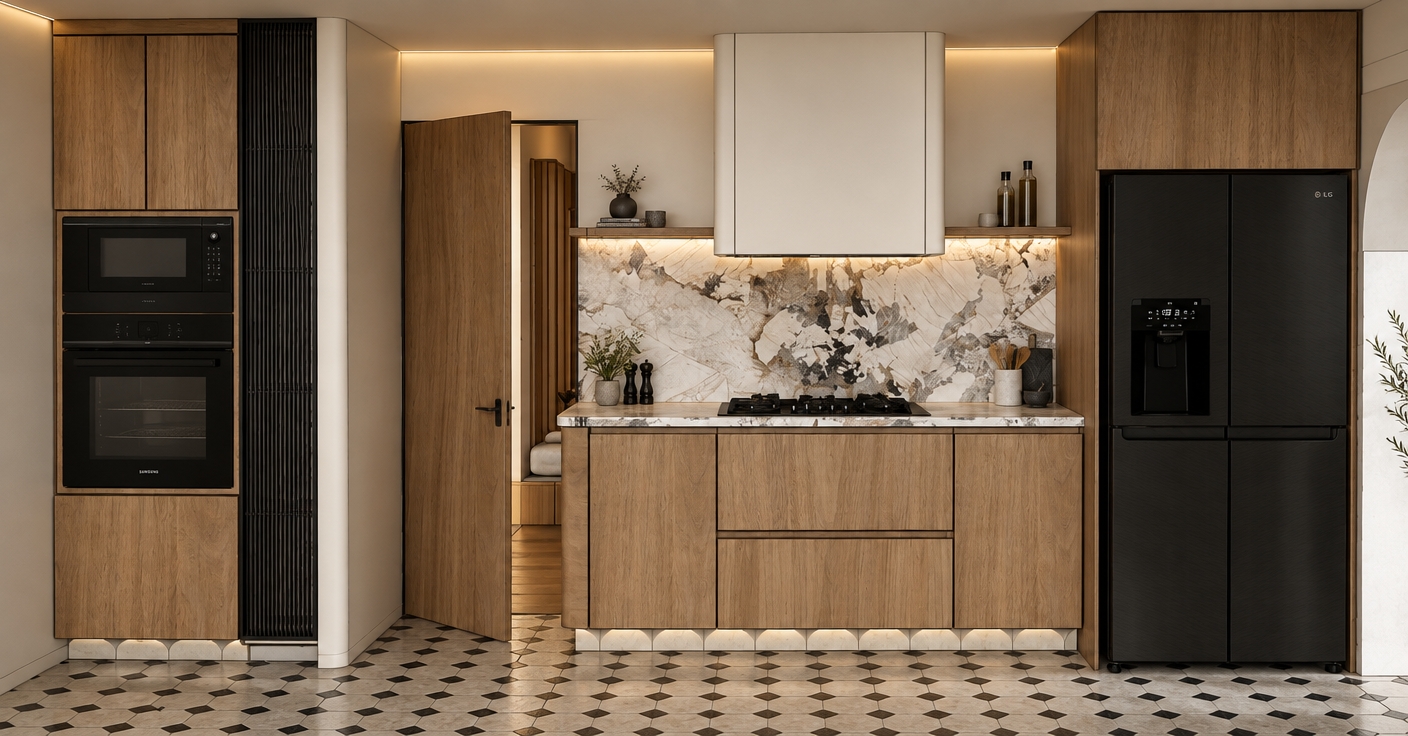 Architectural interior photograph capturing the exact straight-on kitchen composition with lifelike PBR materials and realistic lighting. The cabinetry exhibits authentic natural wood grain textures, paired with a polished, highly detailed veined marble backsplash and matte black appliance finishes. Soft, balanced ambient daylight fills the room, complemented solely by a continuous, subtle 3000K warm LED accent light integrated seamlessly along the existing ceiling contour framed by the wood elements, casting a soft ambient glow. The patterned floor tiles feature delicate surface micro-reflections and grounded contact shadows, captured through a crisp rectilinear lens with natural photographic depth and balanced exposure.