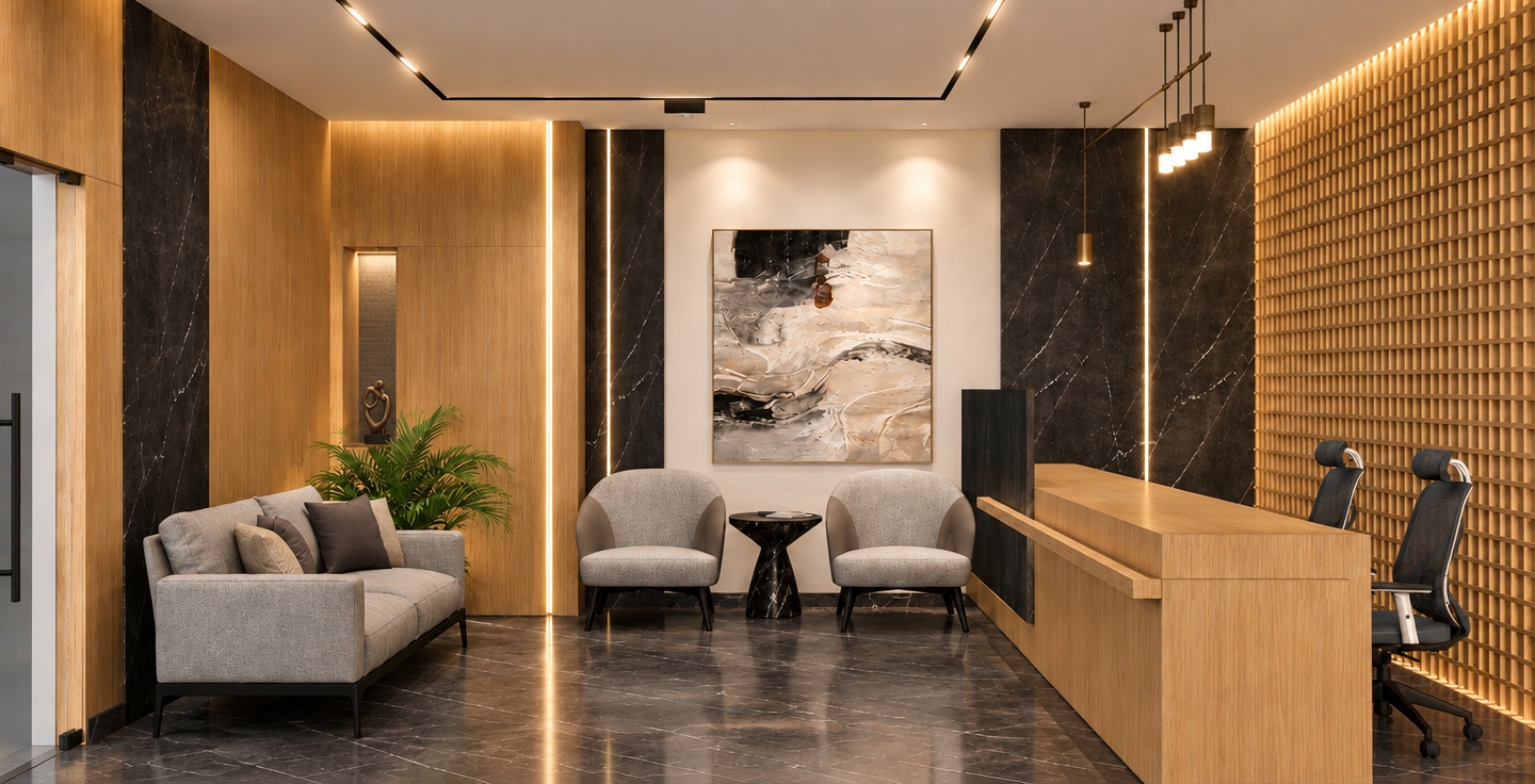 An incredibly lifelike, richly detailed, photorealistic interior shot of a sophisticated corporate reception area set in a contemporary office building. The scene is illuminated by a blend of recessed architectural linear lighting and warm, vertical LED strips, creating a serene, professional, and zen-inspired atmosphere. Captured with a 35mm wide-angle lens, emphasizing the crisp contrast between the rich, dark marble flooring and the warm, grain-rich oak paneling.

The composition centers on an elegant waiting lounge balanced by a streamlined, custom-built wooden reception desk. The space is a minimalist haven, featuring a plush, textured gray sofa accented by a vibrant, life-like indoor fern that introduces a touch of organic softness. A pair of rounded, mid-century inspired chairs flank a sculpted black marble pedestal table beneath a captivating piece of abstract wall art, which anchors the neutral palette of soft whites and deep charcoals. The walls are defined by a rhythmic, wooden slat feature wall that adds depth and acoustic warmth, while the floor—a polished dark stone—reflects the soft glow of the overhead light strips. The design is meticulously curated, characterized by uncluttered surfaces, sleek metal accents, and high-end ergonomic task chairs, resulting in a refined, modern environment that feels both welcoming and impeccably organized.
