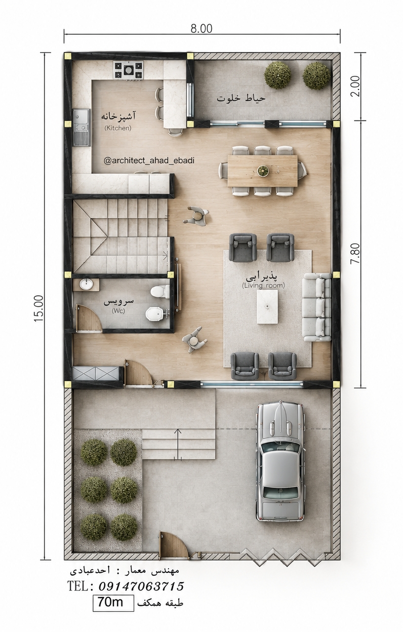 An incredibly lifelike, richly detailed, photorealistic top-down architectural visual of an elegant modern residence set in an upscale urban neighborhood. The scene is illuminated by soft, diffused daylight pouring in from the rear private courtyard and front driveway, casting delicate, photorealistic contact shadows that create a serene, sophisticated atmosphere. Captured with a high-resolution medium-format camera from an orthogonal overhead perspective, emphasizing seamless light oak parquet flooring, honed light marble countertops in the kitchen, tailored charcoal and off-white upholstery in the spacious living area, and smooth light-toned paving stones outside. The meticulously organized space seamlessly connects an open-plan living and dining area with a minimalist kitchen, flanked by an enclosed staircase, powder room, private rear patio, and a cleanly paved front carport accommodating a classic sedan framed by manicured topiaries.