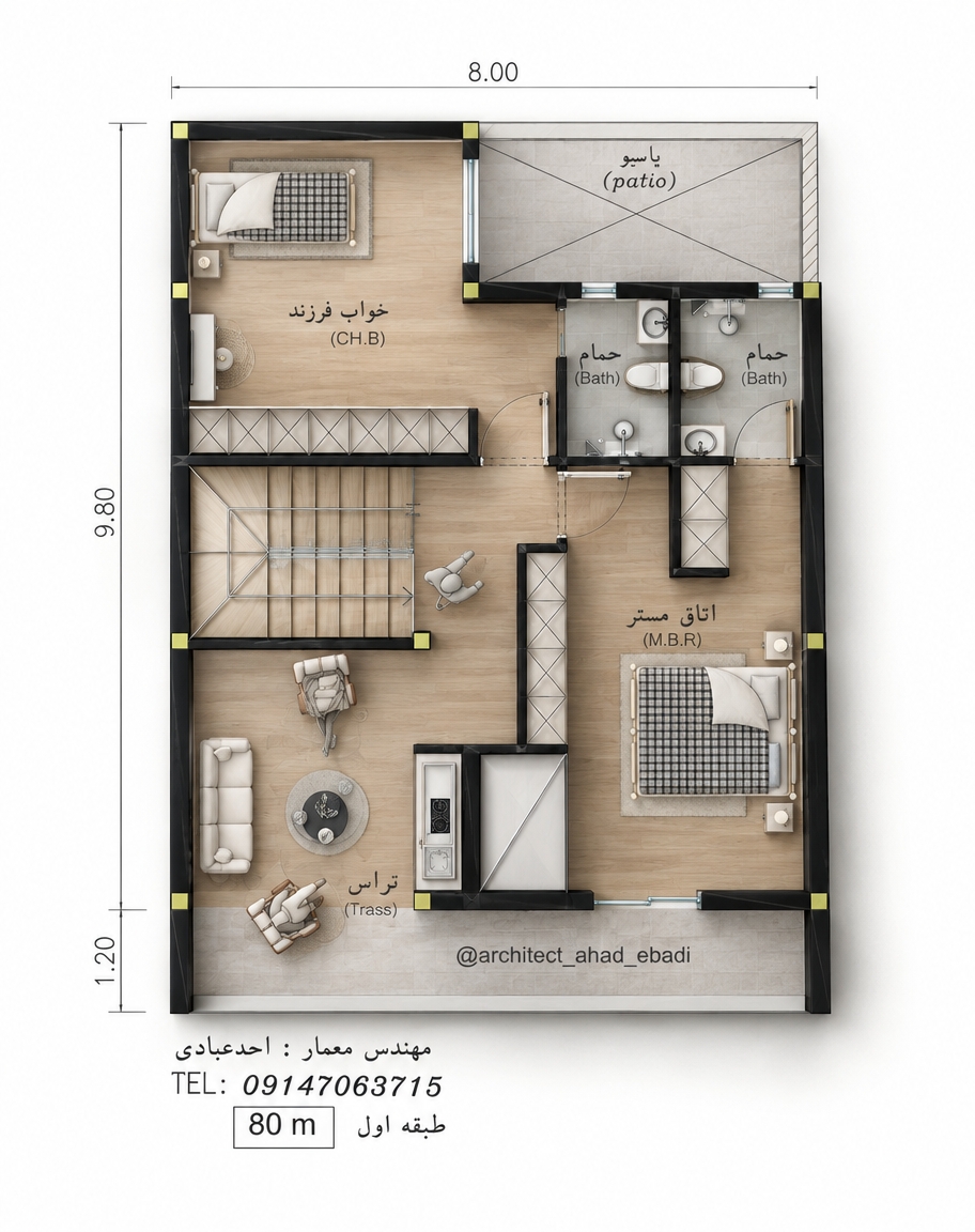 An incredibly lifelike, richly detailed, photorealistic top-down orthographic architectural photograph of a modern fusion apartment interior set in a sleek contemporary urban residence. The scene is illuminated by soft, diffuse natural daylight spilling from the open terrace and light-well patio, creating a serene, sophisticated, and airy atmosphere. Captured with a high-resolution medium-format camera and a specialized architectural tilt-shift lens, emphasizing the fine tactile grain of light natural oak hardwood floors, honed matte-white walls, and tailored upholstery textures.
The open living space features an inviting seating area composed of a low-profile linen sofa and sculpted modern armchairs encircling a dark stone coffee table, transitioning smoothly to the adjoining covered terrace with a built-in stainless steel outdoor barbecue station set within polished granite counters. Adjacent private quarters display impeccably made beds dressed in crisp cotton linens and geometric woven throws, alongside sleek bathrooms lined with seamless micro-cement and polished chrome fixtures. Crisp, subtle contact shadows beneath furniture and wall partitions ground the entire layout, infusing this pristine architectural space with tangible depth, realism, and understated luxury.