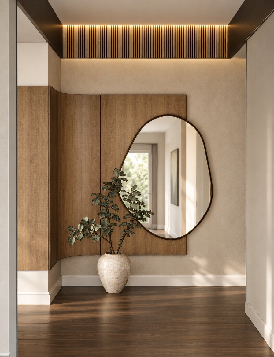A crisp architectural interior photograph capturing the exact hallway composition, maintaining all original geometry, furniture, and materials with authentic physical rendering. Natural soft daylight fills the corridor, complemented by an integrated continuous warm LED strip (2800K) running along the upper ceiling perimeter framed by the fluted cladding, casting a soft ambient glow across the upper surfaces. The curved wooden panel displays fine, natural wood grain textures, contrasting with the smooth ceramic sheen of the vase, realistic leafy foliage, and the polished reflective glass of the organic mirror. The scene features balanced global illumination, gentle realistic shadows on the dark wood floor and beige walls, neutral color grading, and subtle optical depth typical of high-end interior photography.